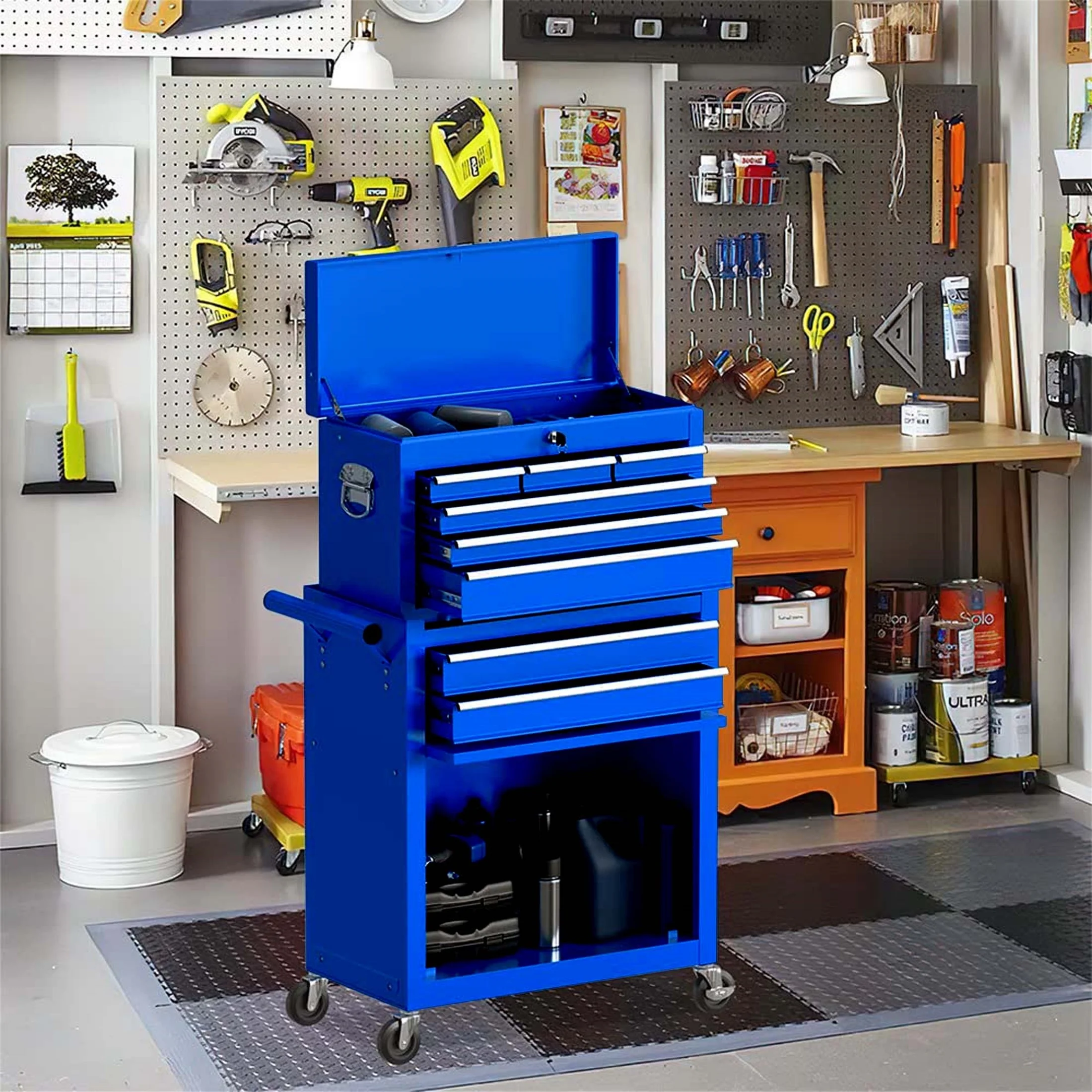 Aukfa Tool Chest, 2 in 1 Steel Rolling Tool Box & Cabinet On Wheels for Garage, 8-Drawer, Blue - Cheap Fitting