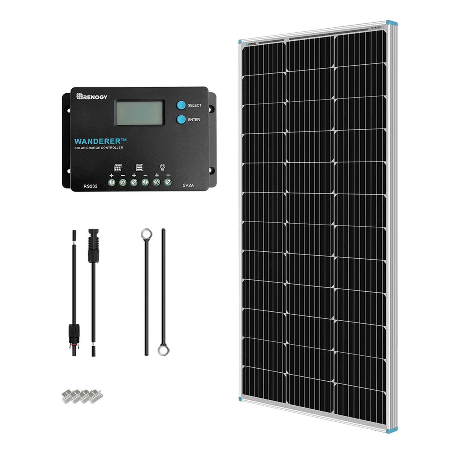 Renogy 100W 12V Monocrystalline Solar Starter Kit w/Wanderer 10A Charge Controller - Cheap Fitting