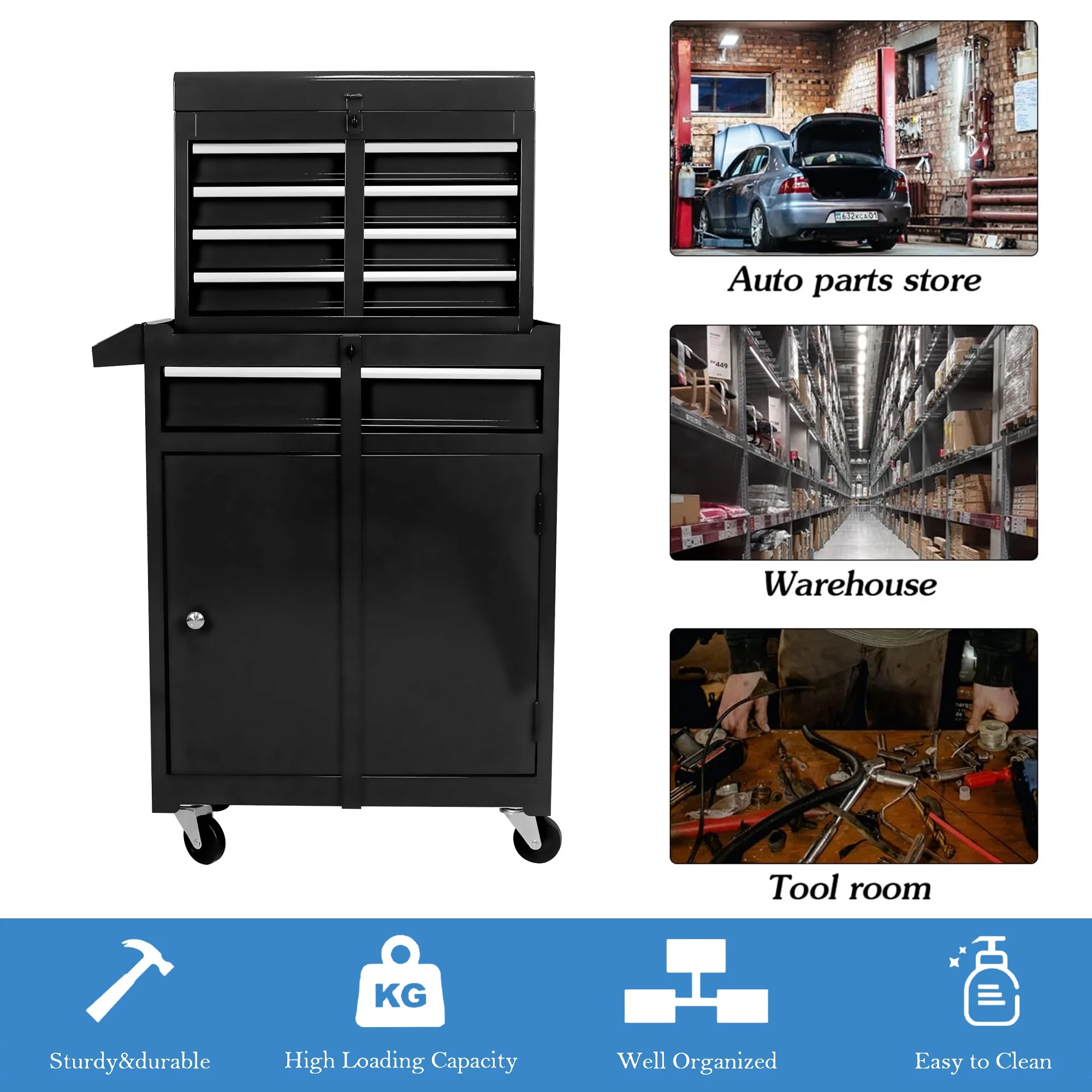 Aukfa Tool Chest, 2 in 1 Steel Rolling Tool Box & Cabinet On Wheels for Garage, 8-Drawer, Blue - Cheap Fitting