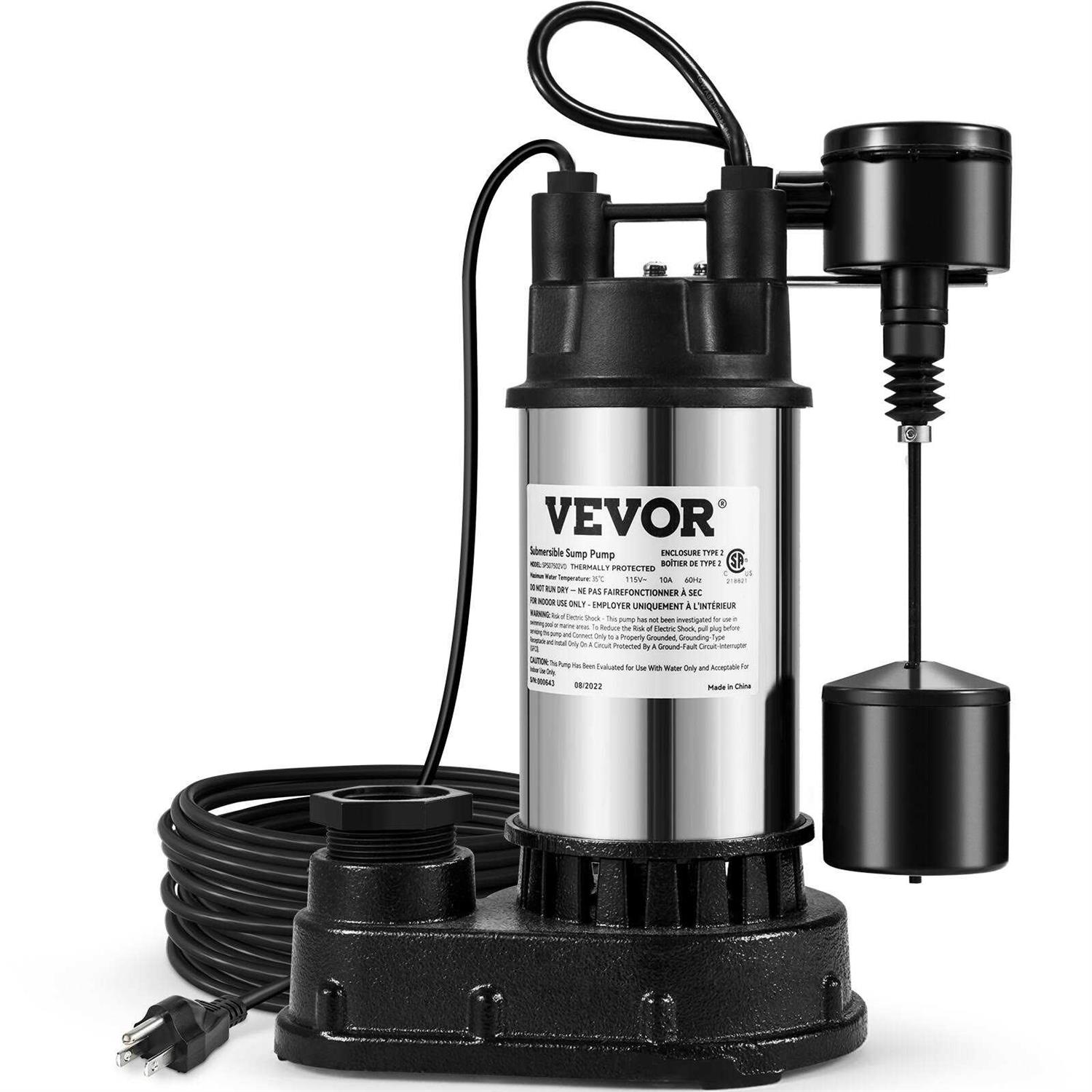 VEVOR 1.5 HP Submersible Cast Iron and Steel Sump Pump 6000 GPH Submersible Water Pump with Integrated Vertical Float Switch WSBBX10HP110VXGOYV1 - Cheap Fitting