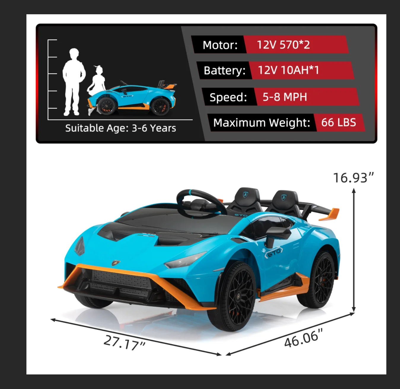 TOBBI 24V Lamborghini STO Licensed Kids Ride on Drift Car Gray Electric Car W/Remote Control LED Lights, up to 10 mph - Cheap Fitting