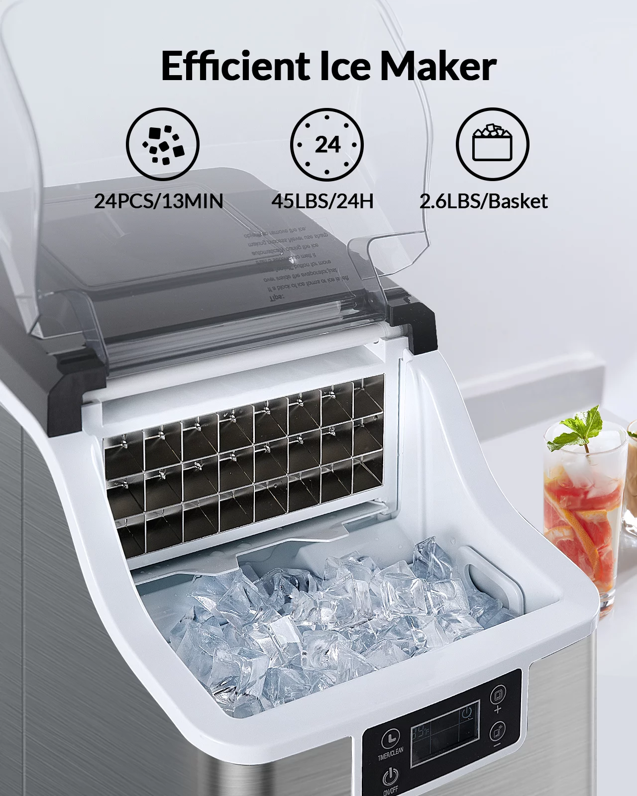 Countertop Ice Maker with 2 Ways to Add Water, 45lbs/24H, 24Pcs Ice Cubes in 13 Min, Self-Cleaning Ice Maker with Ice Scoop and Basket for Home Kitchen - Cheap Fitting