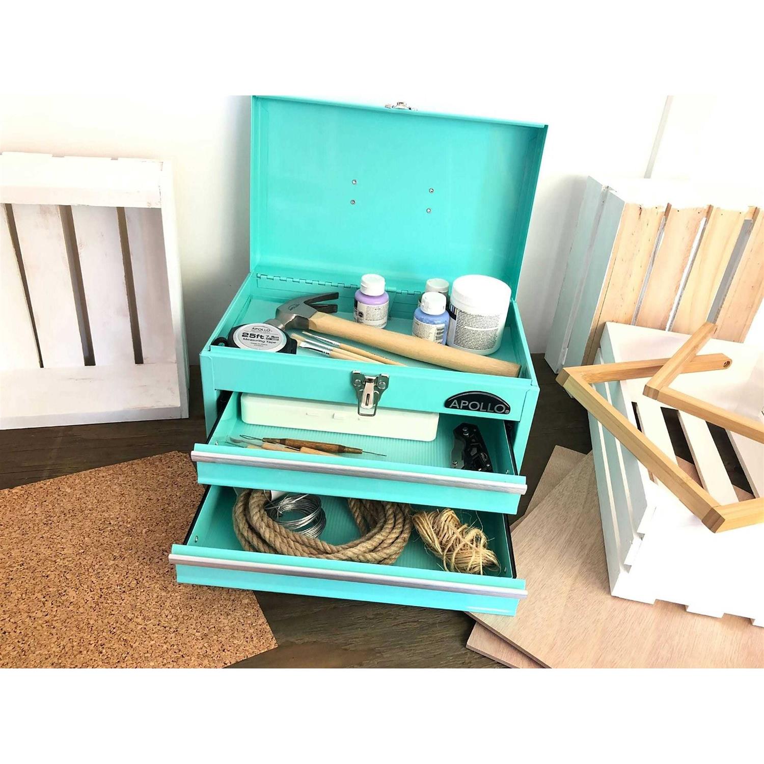 Apollo Tools 14 Inch Steel Tool Box with Deep Top Compartment and 2 Drawers in Heavy-Duty Steel with Ball Bearing Opening and Powder Coated Finish - Cheap Fitting