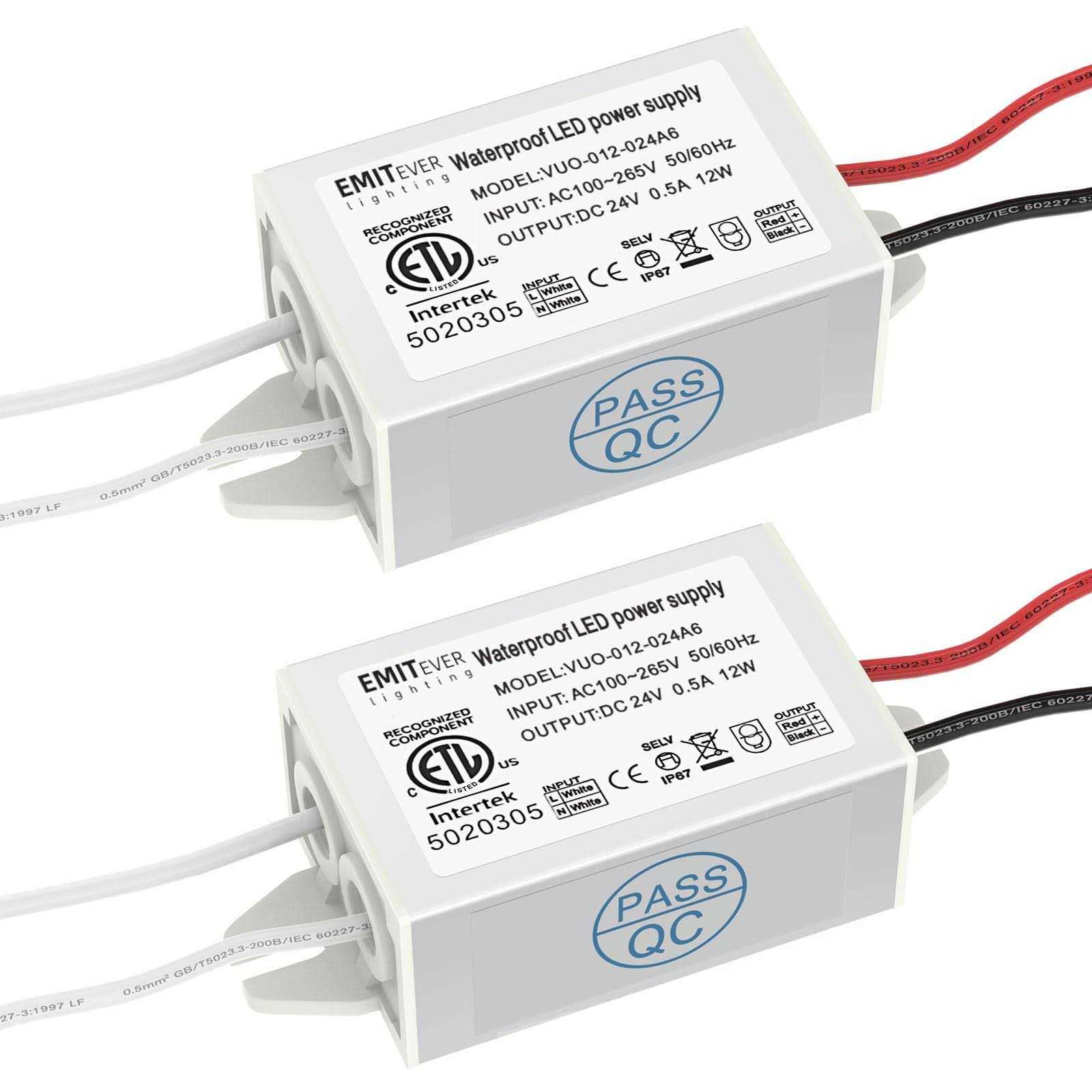 EMITEVER 24Volt LED Power Supply Driver 12W 2-Pack ETL Listed Waterproof IP67 Low Voltage Transformer - Cheap Fitting