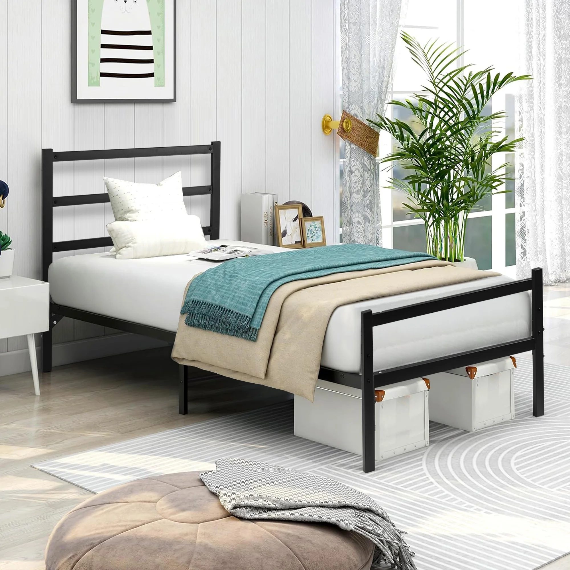 SESSLIFE Twin Size Platform Bed Frame with Wood Headboard and Metal Slats, Rustic Country Style Mattress Foundation, Strong Metal Slats Support, Easy Assembly, Black - Cheap Fitting