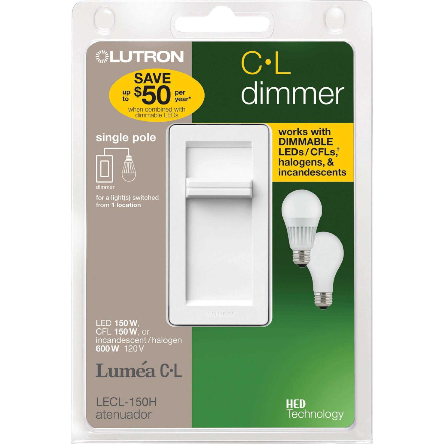Lutron Dimmer Switch Lumea White 150 W Slide LECL-150H-WH - Cheap Fitting