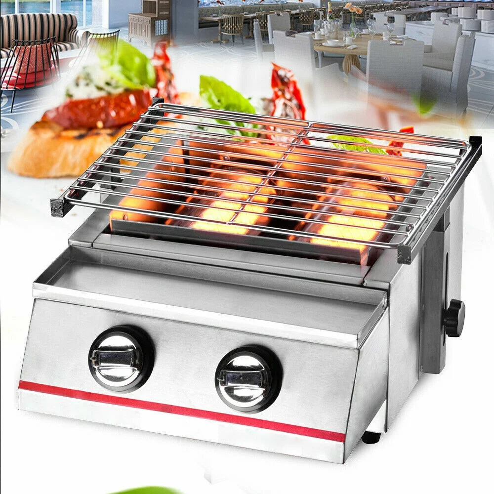 2 Burners Portable BBQ Table Top Camping Gas Smokeless Grill Stainless Steel - Cheap Fitting
