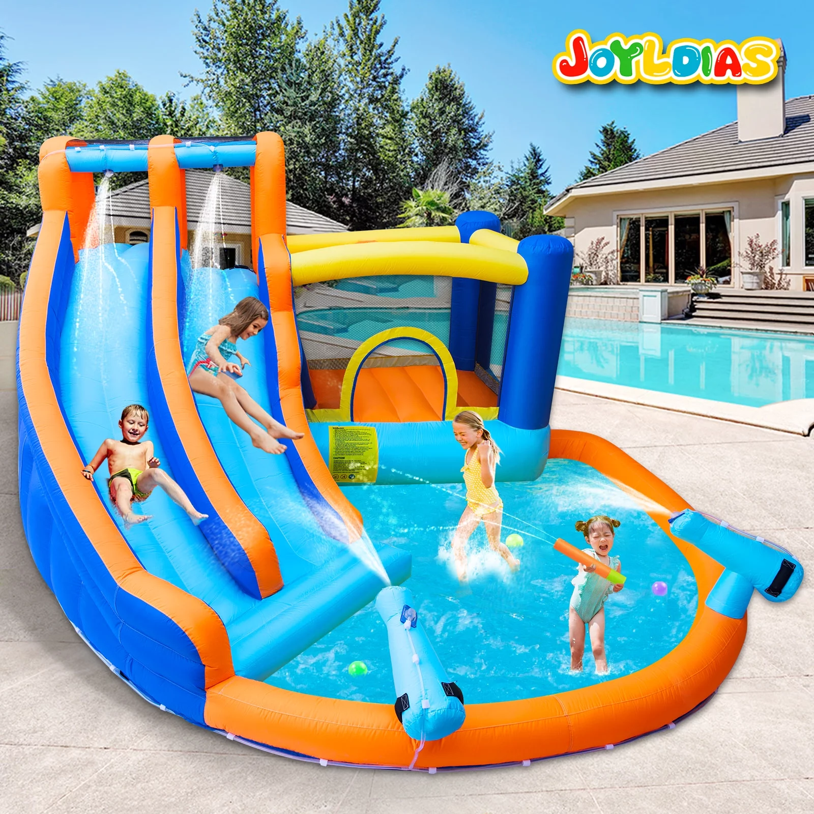 JOYLDIAS Kids Inflatable Water Slide Giant Water Park Double Slide Bouncer Playhouse Castle with 4 Water Guns, Pool, Jump Area, Climbing Wall, Air Blower - Cheap Fitting