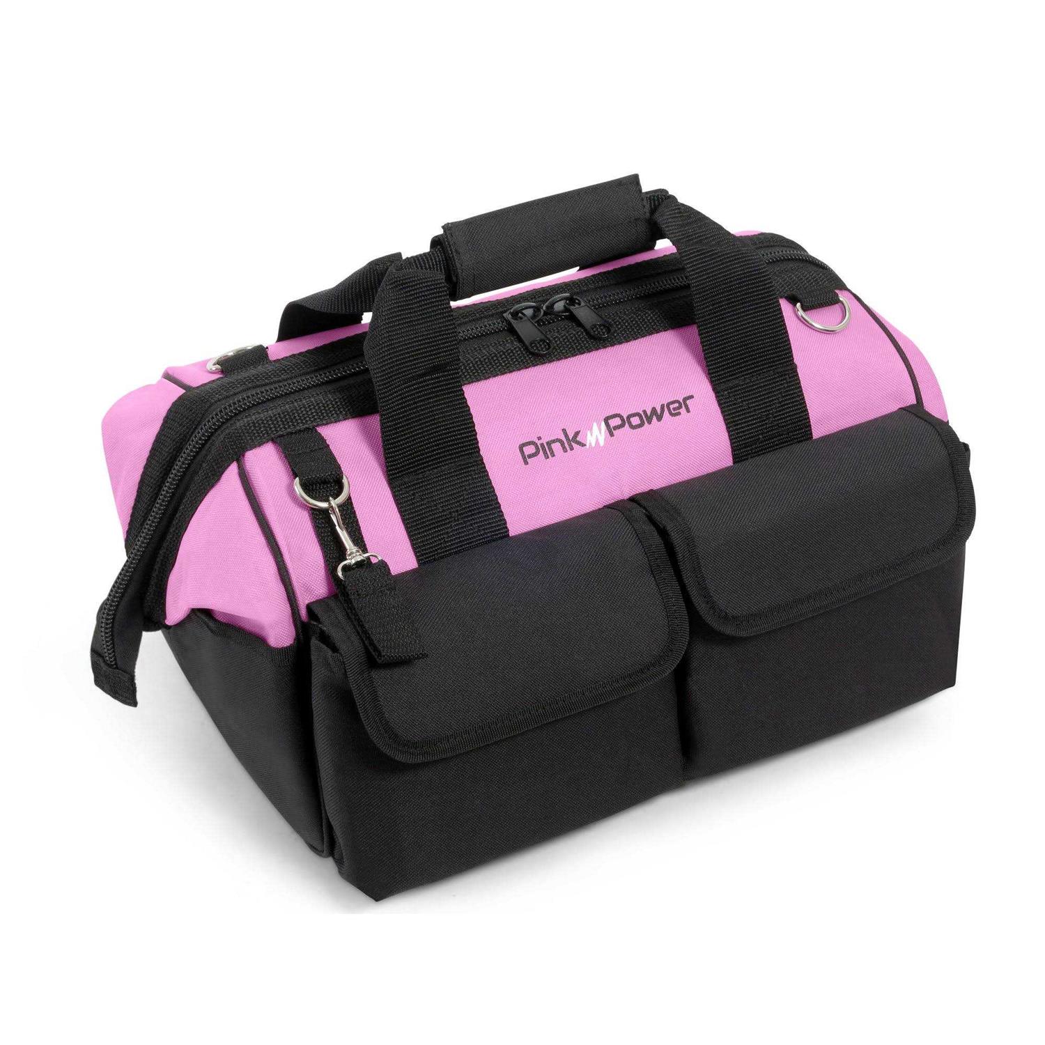 Pink Power Tool Bag for Women with 22 Storage Pockets and Shoulder Strap - Cheap Fitting