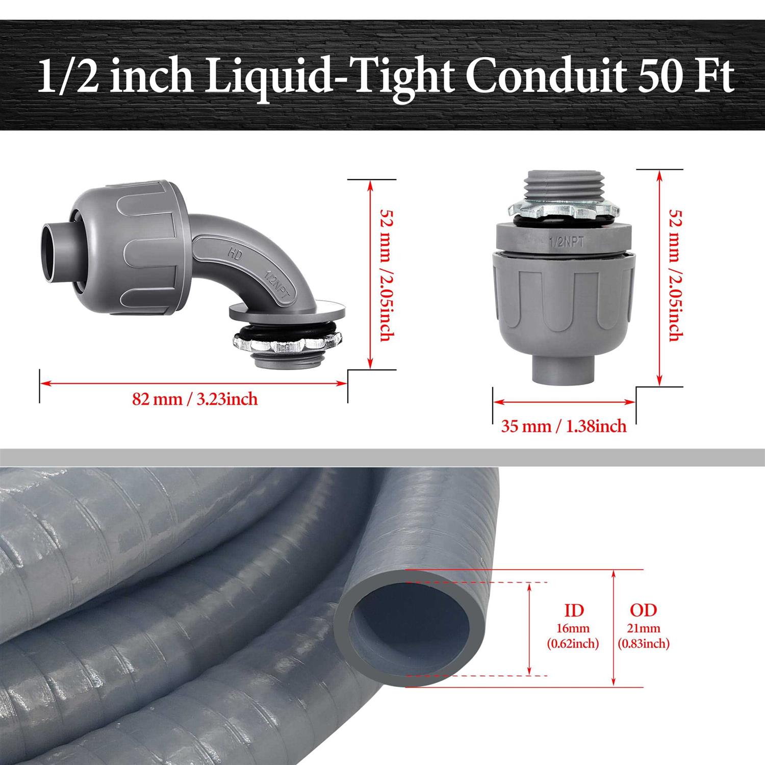 Wocloer 1/2 inch 100Ft Liquid-Tight Conduit Kit, Flexible Non Metallic Electrical Conduit, with 6 Straight and 5 Angle Fittings Included Dia - Cheap Fitting