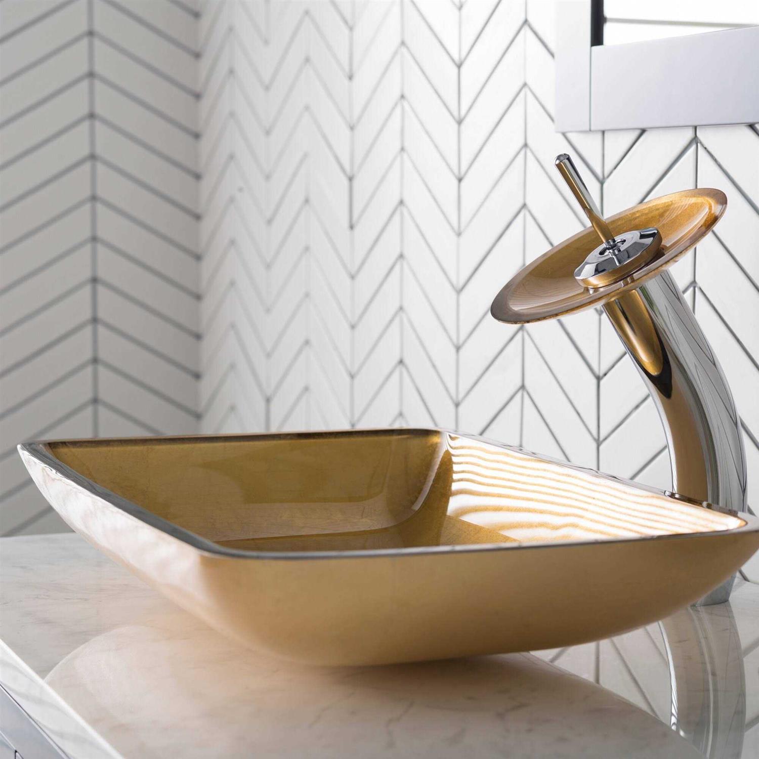 Kraus Rectangular Glass Vessel Sink with Waterfall Faucet C-GVR-210-RE-10 - Cheap Fitting