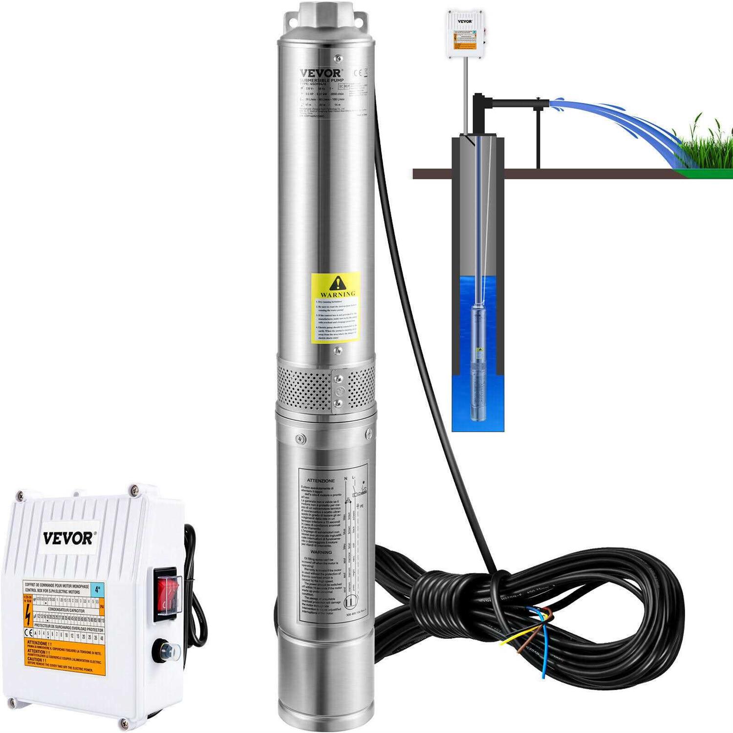 VEVOR Deep Well Submersible Pump 2HP 230V/60Hz 37GPM 427 ft Head with 33 ft Cord & External Control Box - Cheap Fitting