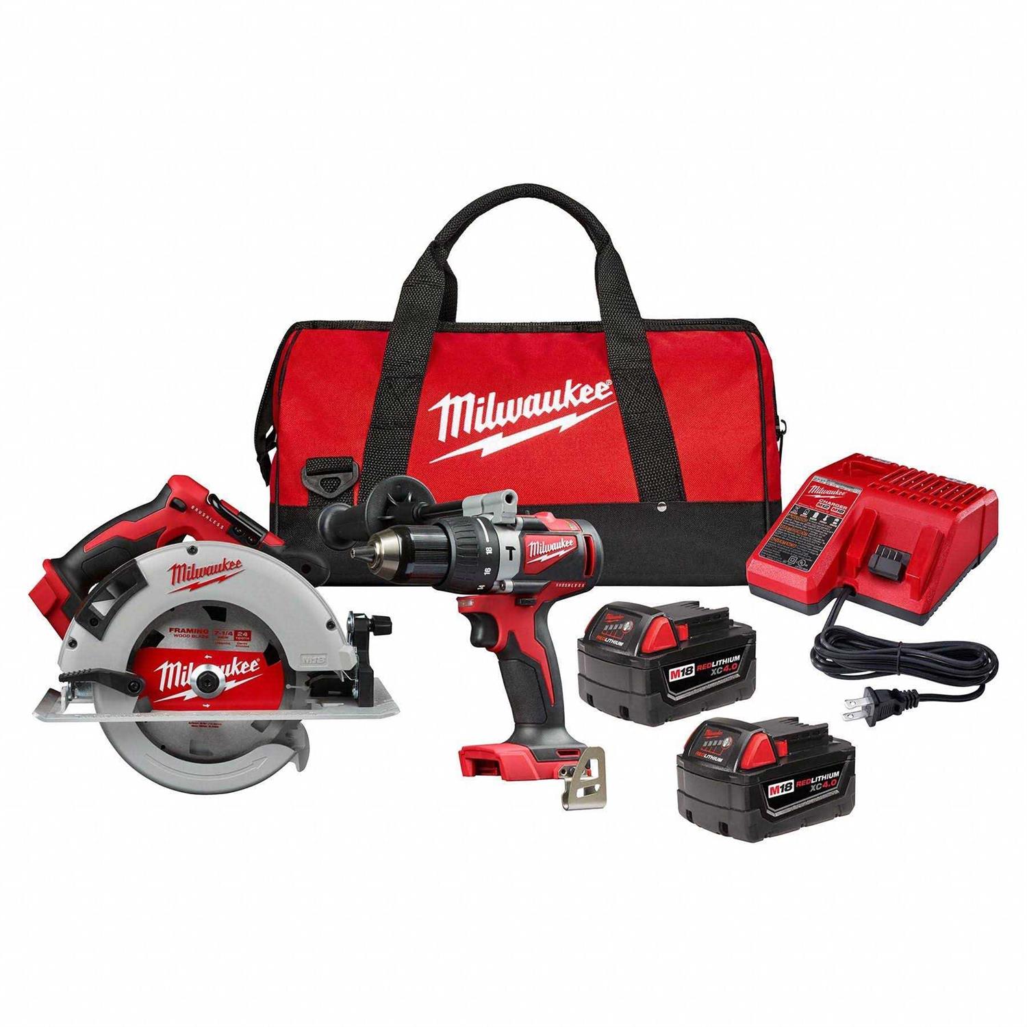 Milwaukee 2992-22 M18 18V Lithium-Ion Brushless Cordless Hammer Drill and Circular Saw Combo Kit with Two 4.0 Ah Batteries - Cheap Fitting
