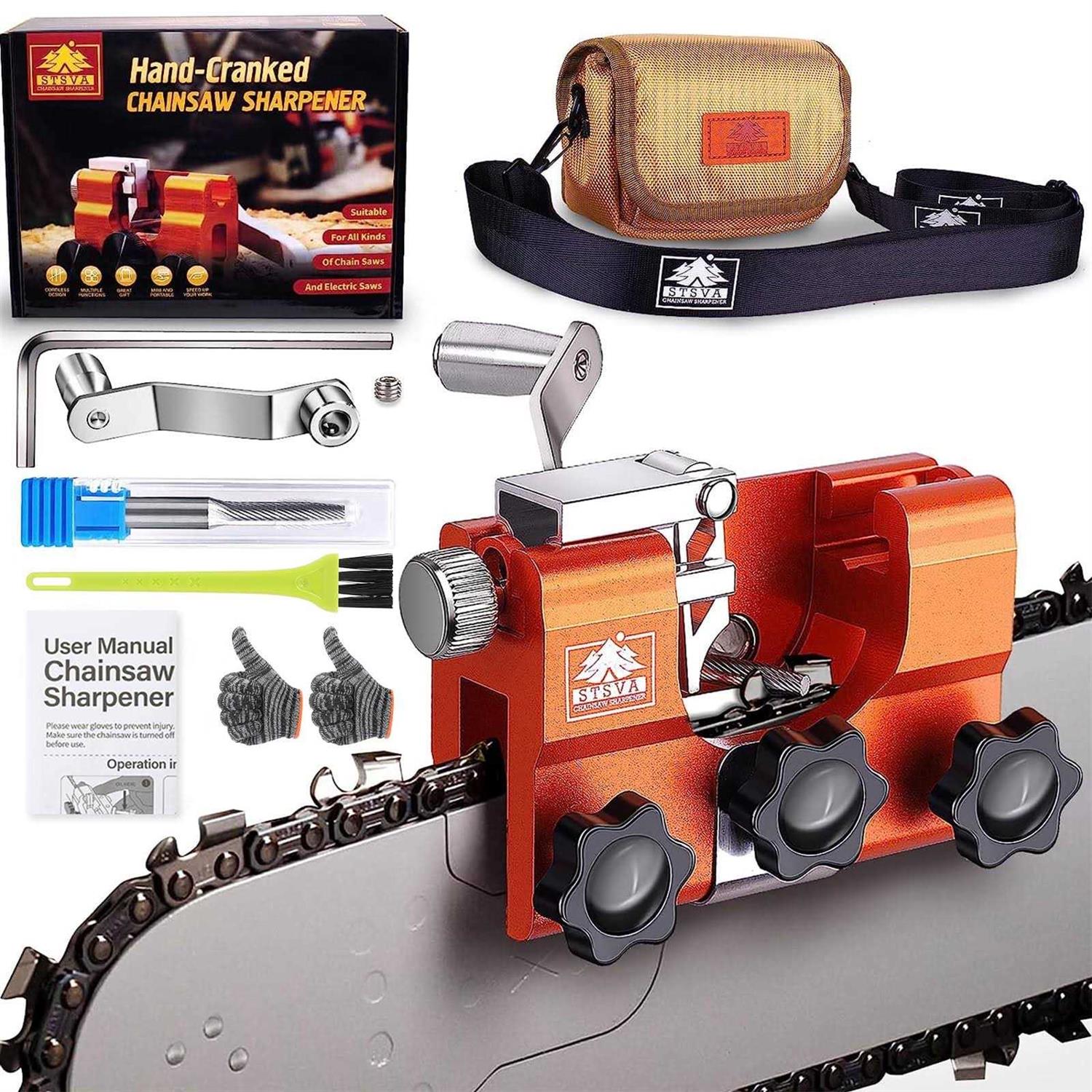 STSVA Chainsaw Sharpener, Hand-cranked Chainsaw Sharpening Jig Kit with Multifunctional Tool Bag and Tungsten Carbide Burr File - Cheap Fitting