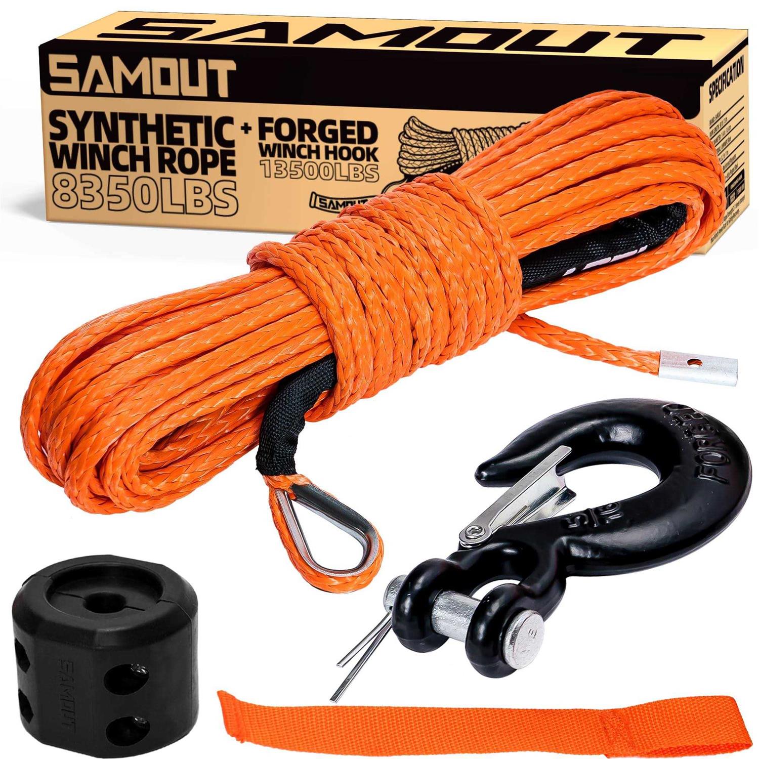 SAMOUT Synthetic Winch Rope Kit 50ft Cable + Forged 13500LBS Winch Hook + Rubber Stopper + Safety Pull Strap - Cheap Fitting