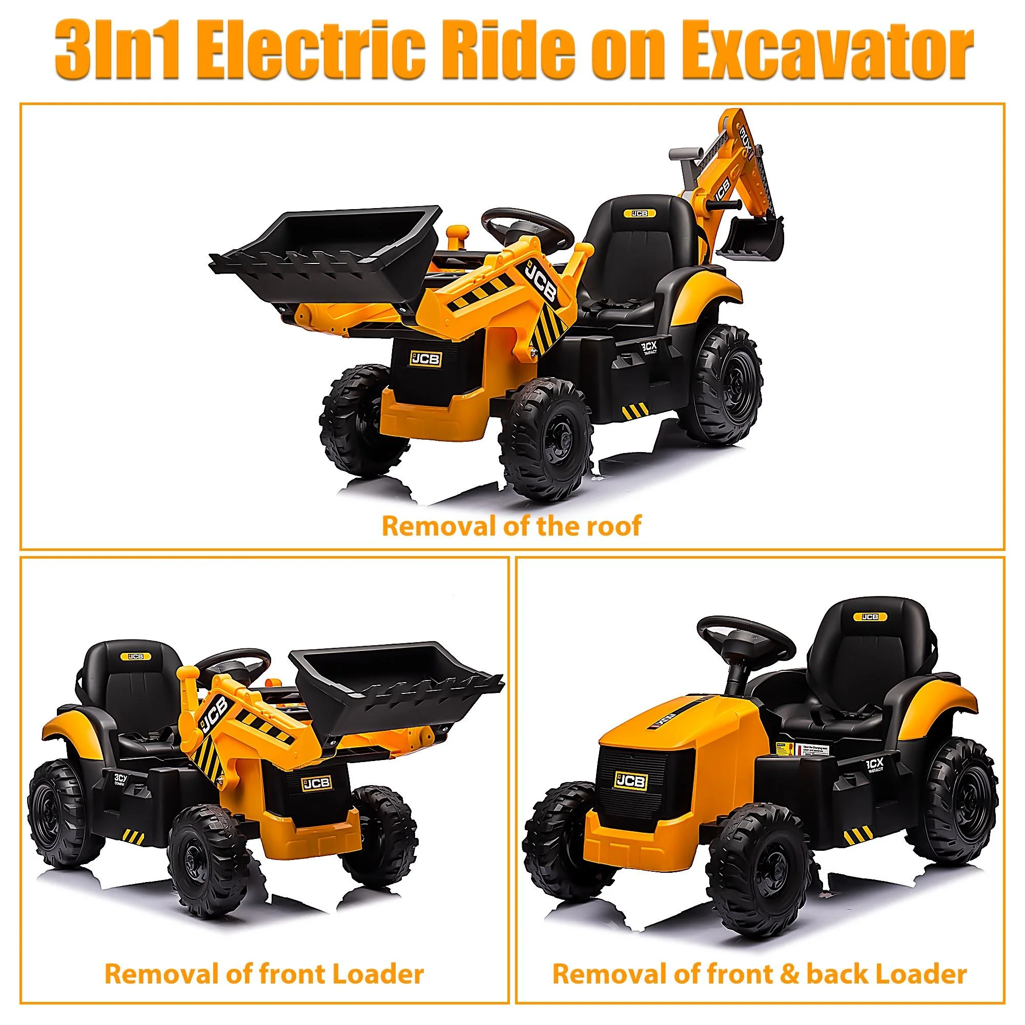 JCB 24V Ride on Excavator with Front&Back Loader 3in1 Kids Ride on Car with Remote Control Electric Construction for 3-6 Years Old Boys and Girls, Backhoe Ride on, Yellow - Cheap Fitting