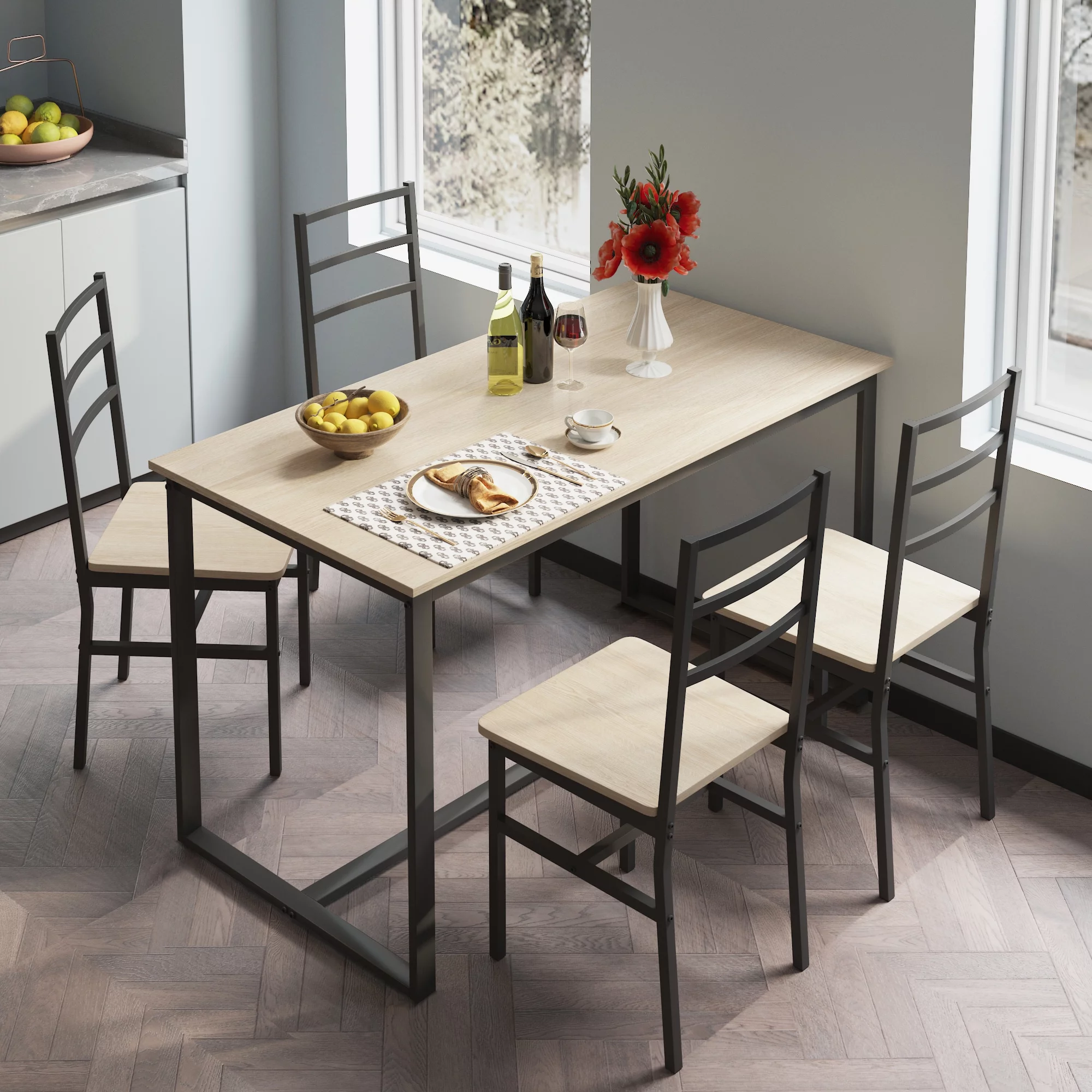 5-Piece Dining Room Table Set, Compact Wooden Kitchen Table and 4 Chairs with Metal Legs Dinette Sets, Industrial Style Kitchen Table and Chairs for Dining Room & Small Space - Cheap Fitting