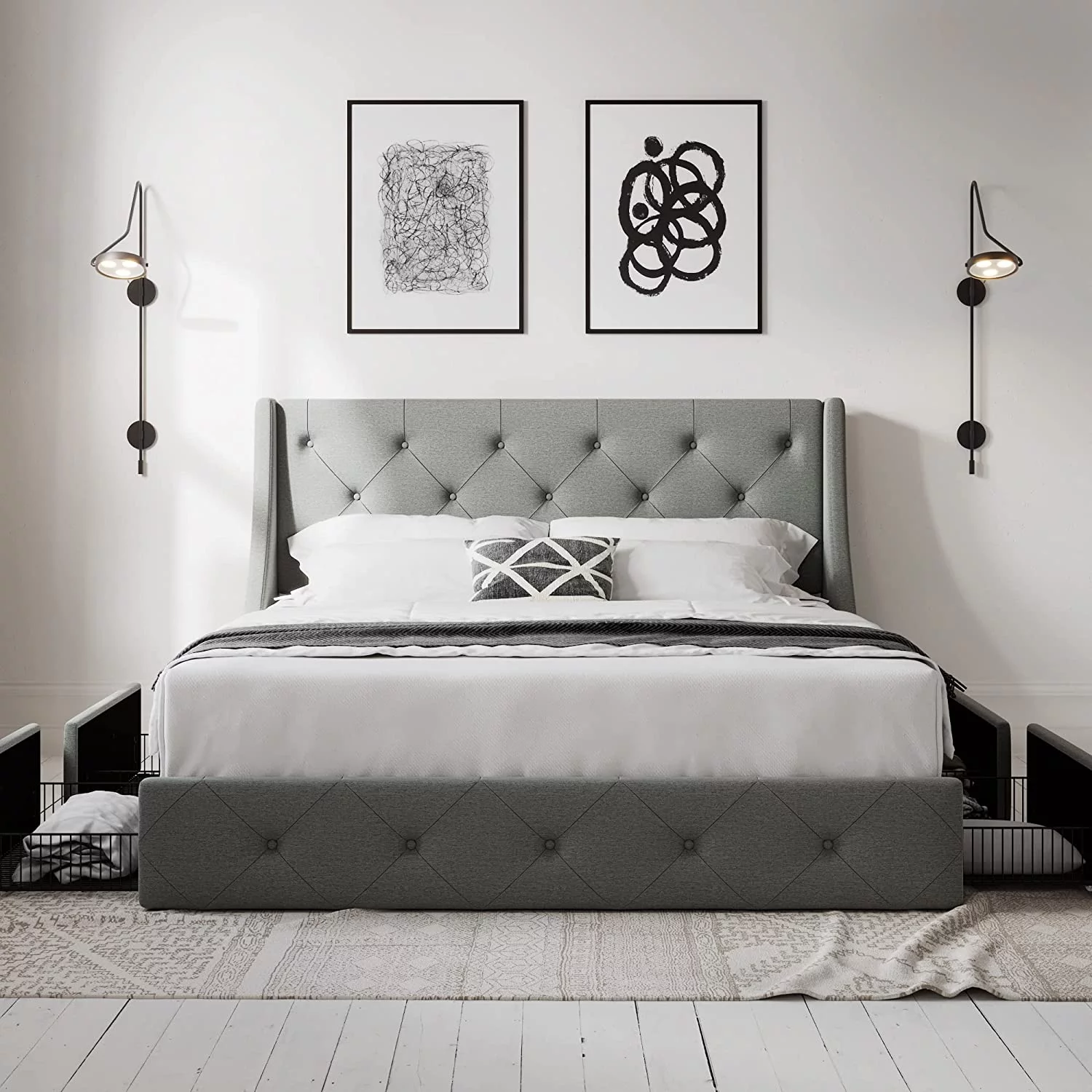 Allewie Queen Size Bed Frame with 4 Storage Drawers and Button Tufted & Wingback Headboard, Dark Grey - Cheap Fitting
