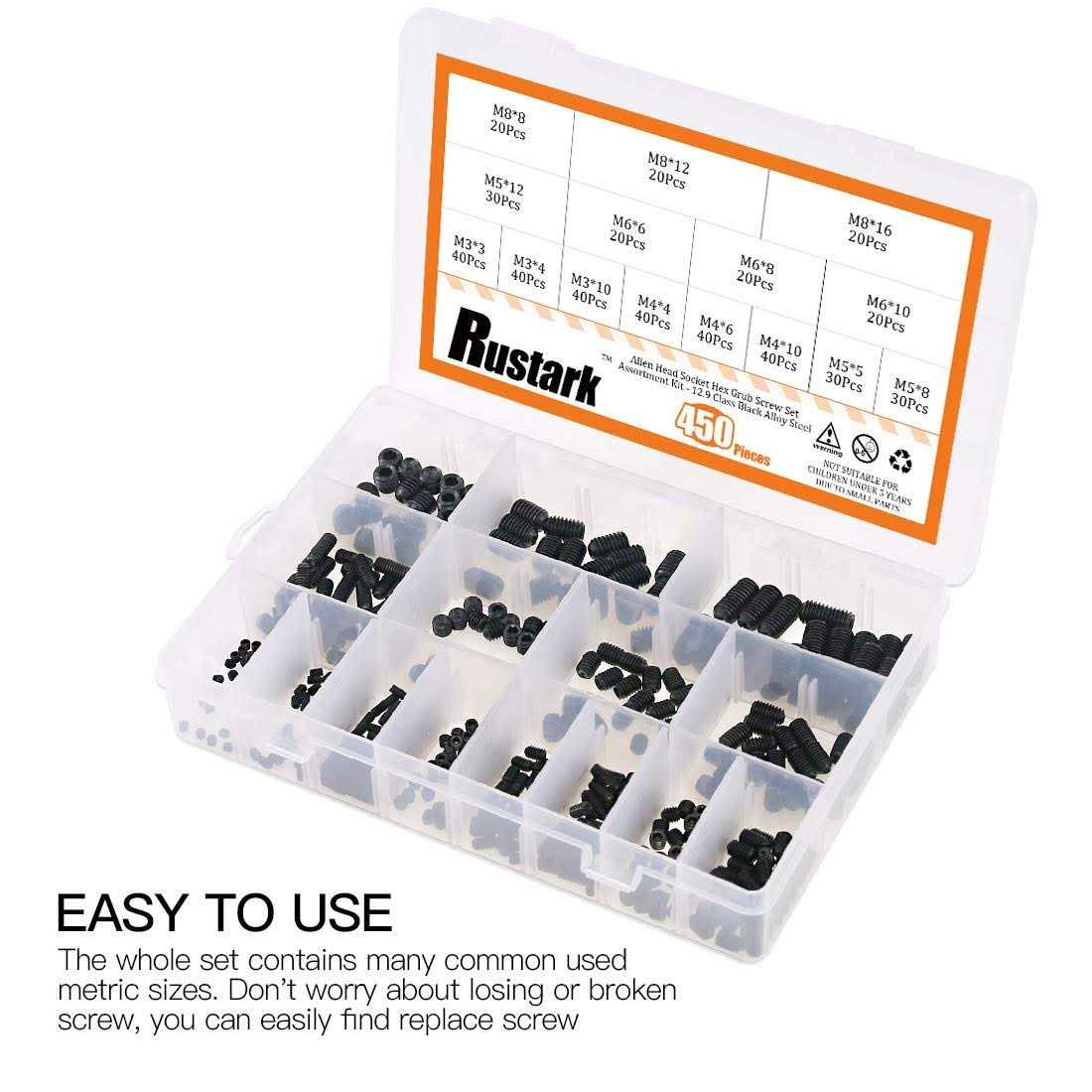 Rustark 450Pcs M3/M4/M5/M6/M8 Allen Head Socket Hex Grub Screw Set Assortment Kit with Internal Hex Drive - Cheap Fitting