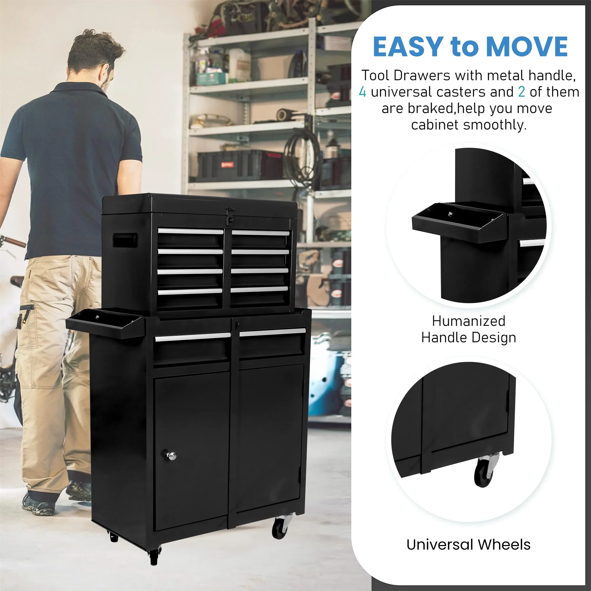 Aukfa Tool Chest, 2 in 1 Steel Rolling Tool Box & Cabinet On Wheels for Garage, 8-Drawer, Blue - Cheap Fitting