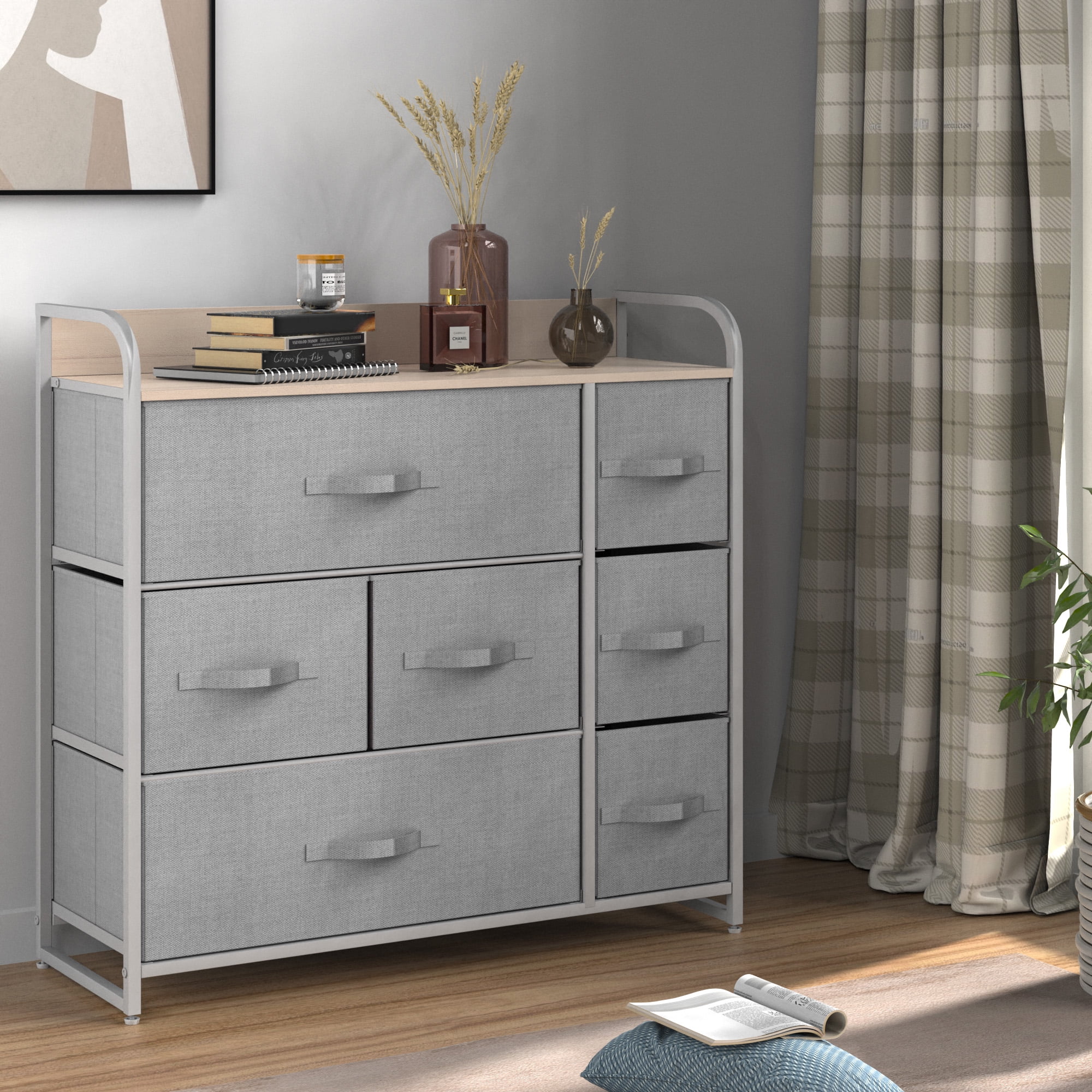 Dextrus 7 Drawers Dresser Fabric Storage Tower Wooden Top Shelf Modern Organizer, Dark Gray - Cheap Fitting