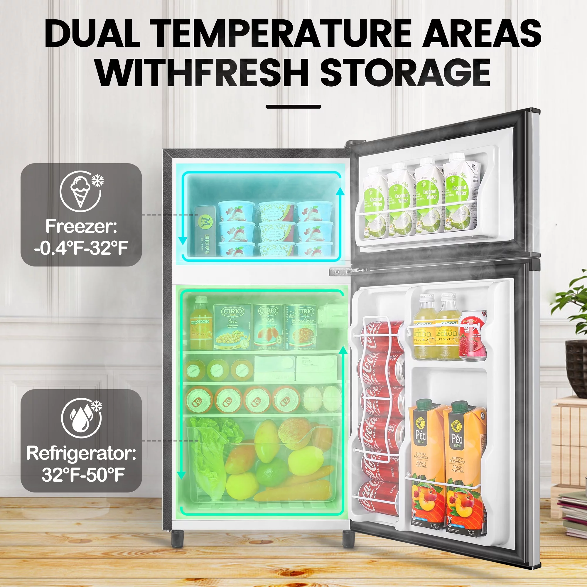 WANAI 3.5 Cu ft Two Door Mini Fridge with Freezer, Black - Cheap Fitting
