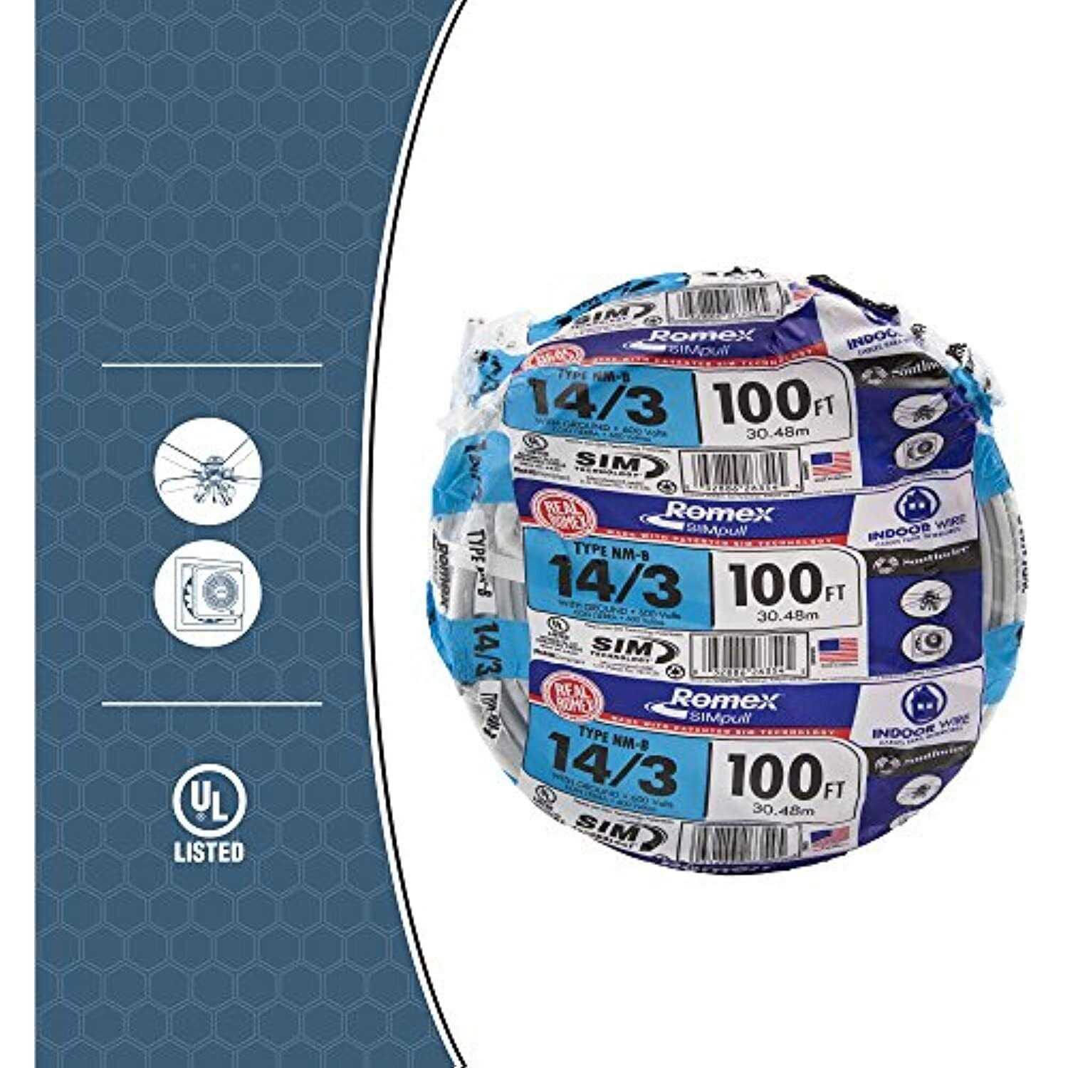 Southwire 100 ft. 14/3 Solid Romex Type NM-B WG Non-Metallic Wire - Cheap Fitting