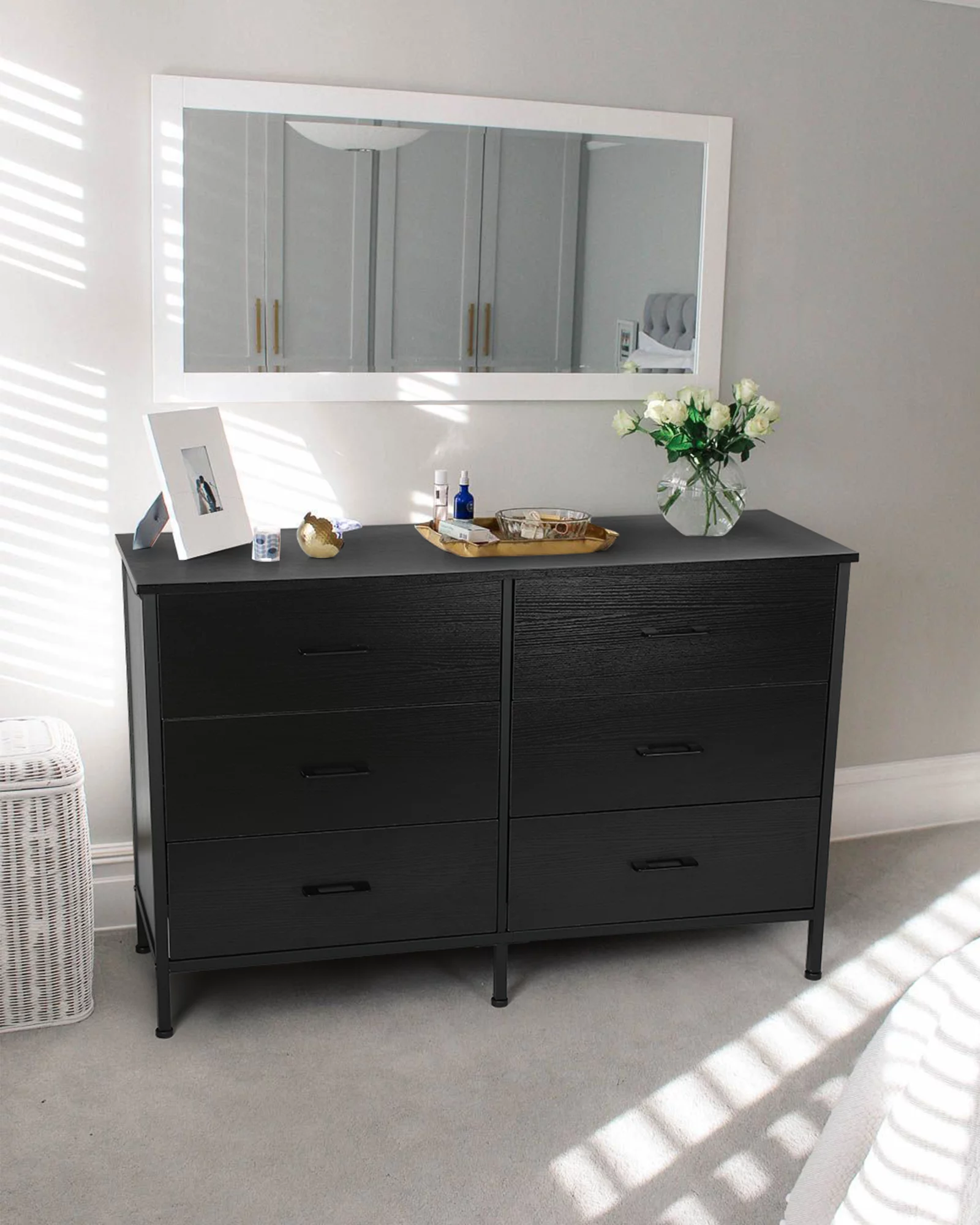 47.3'' Drawer Dresser Chest of 6 Drawers, Storage Dresser Tower for Bedroom, Living Room, Hallway, Nursery, White Storage Cabinet Wooden Dresser with Steel Frame, White - Cheap Fitting