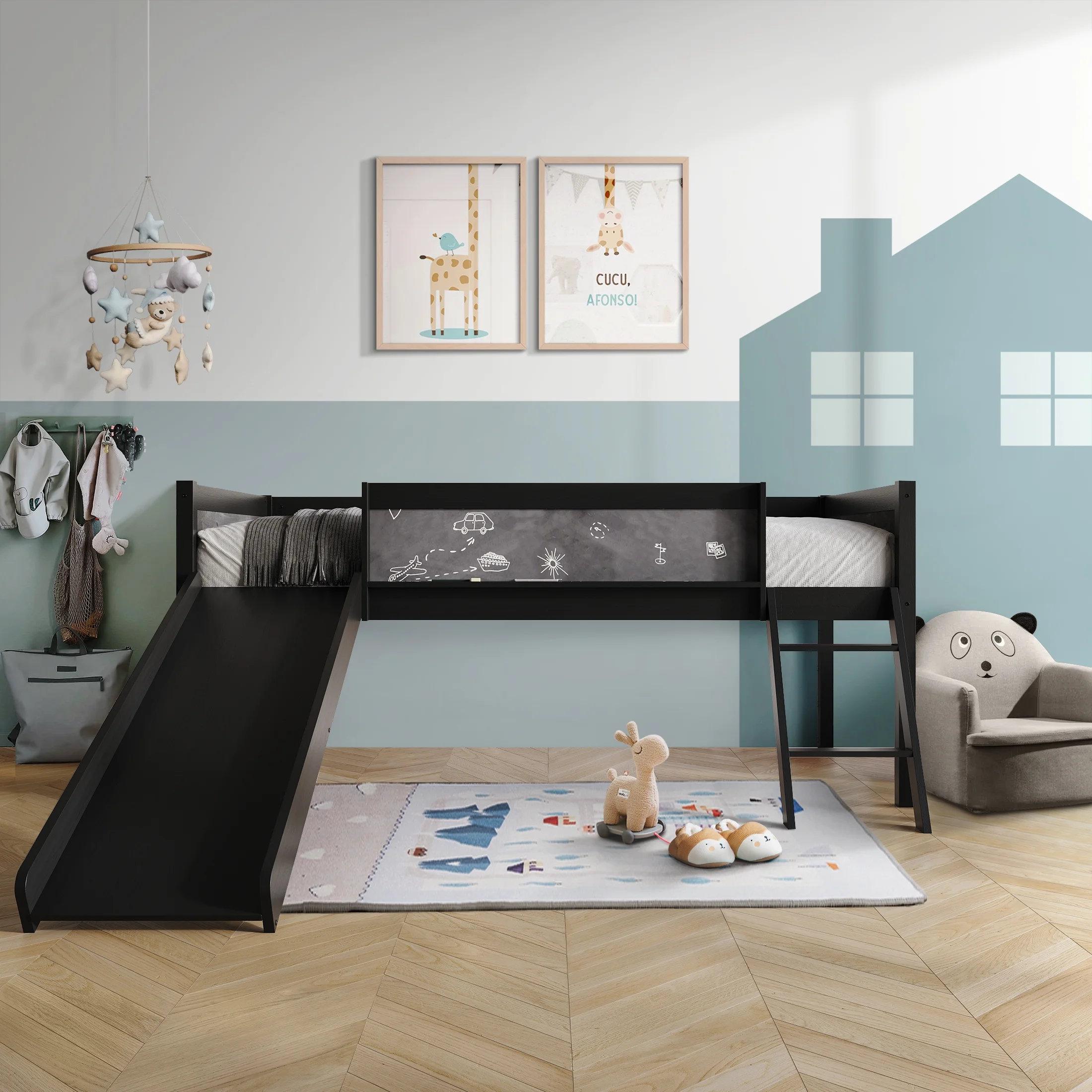 Castle Place Wooden Twin Junior Loft Bed with Chalkboard and Slide, Antique Grey - Cheap Fitting