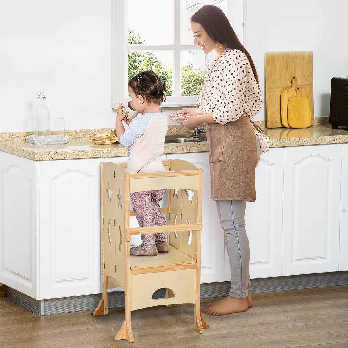 Qaba Kitchen Step Stool For Kids Wooden Foldable Helper Bathroom Stool For Toddlers With Support Handles Safety Rail - Cheap Fitting