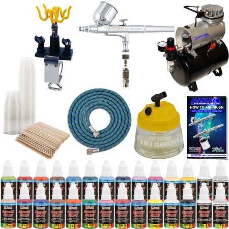Cool Runner II Dual Fan Air Tank Compressor System Kit with Gravity Feed Airbrush, 24 Color Acrylic Paint Artist Set, Hose, Cleaning Pot, How-To Guide - Cheap Fitting