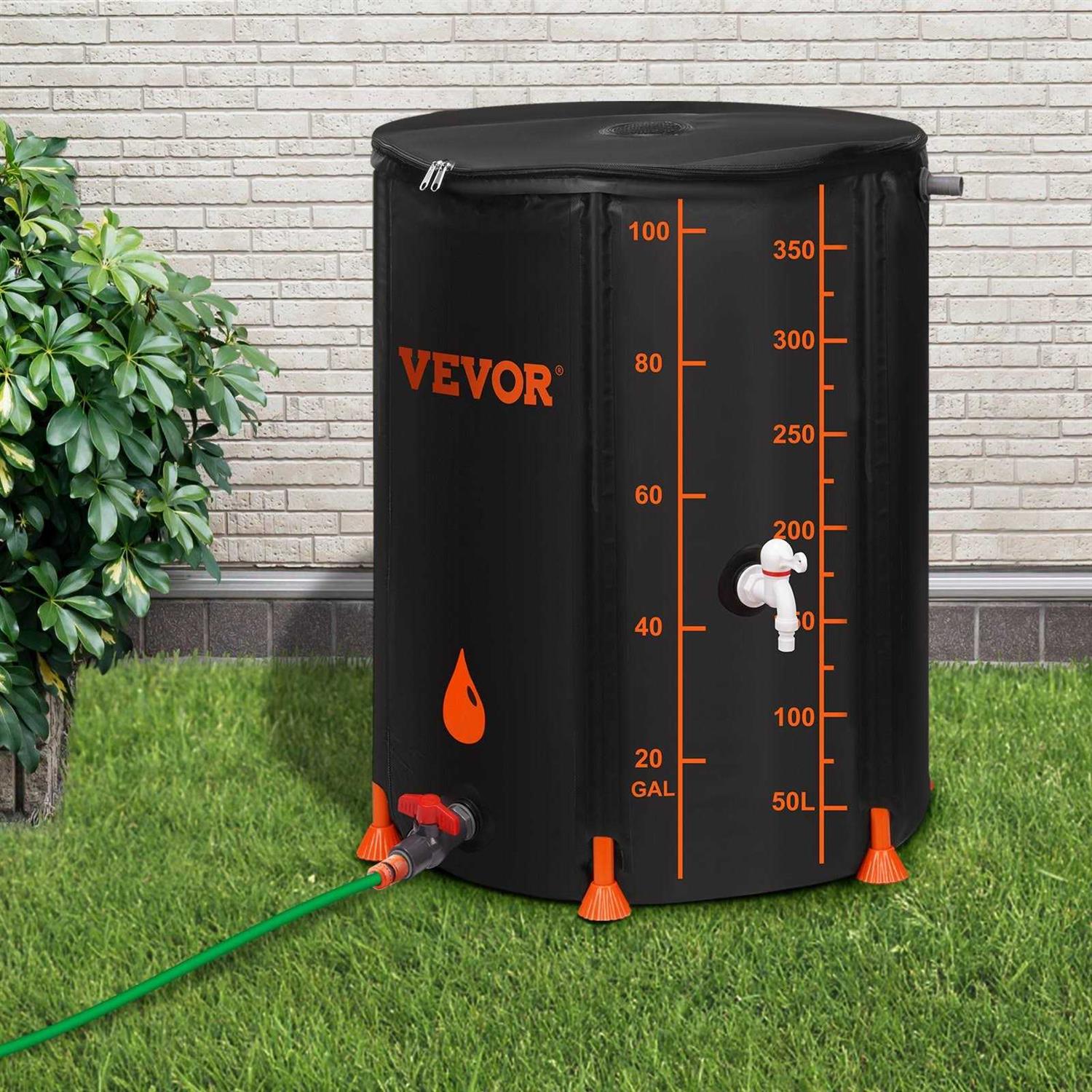 VEVOR Collapsible Rain Barrel, 100 Gallon Large Capacity, PVC Rainwater Collection System Including Spigots and Overflow Kit - Cheap Fitting