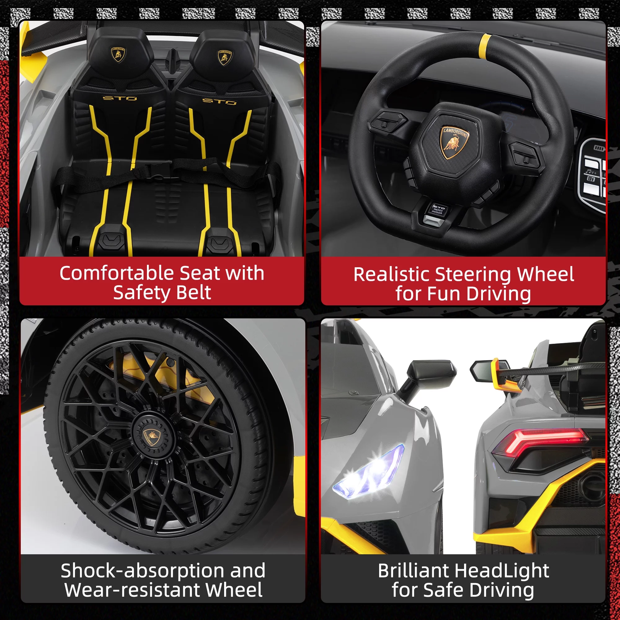 TOBBI 24V Lamborghini STO Licensed Kids Ride on Drift Car Gray Electric Car W/Remote Control LED Lights, up to 10 mph - Cheap Fitting