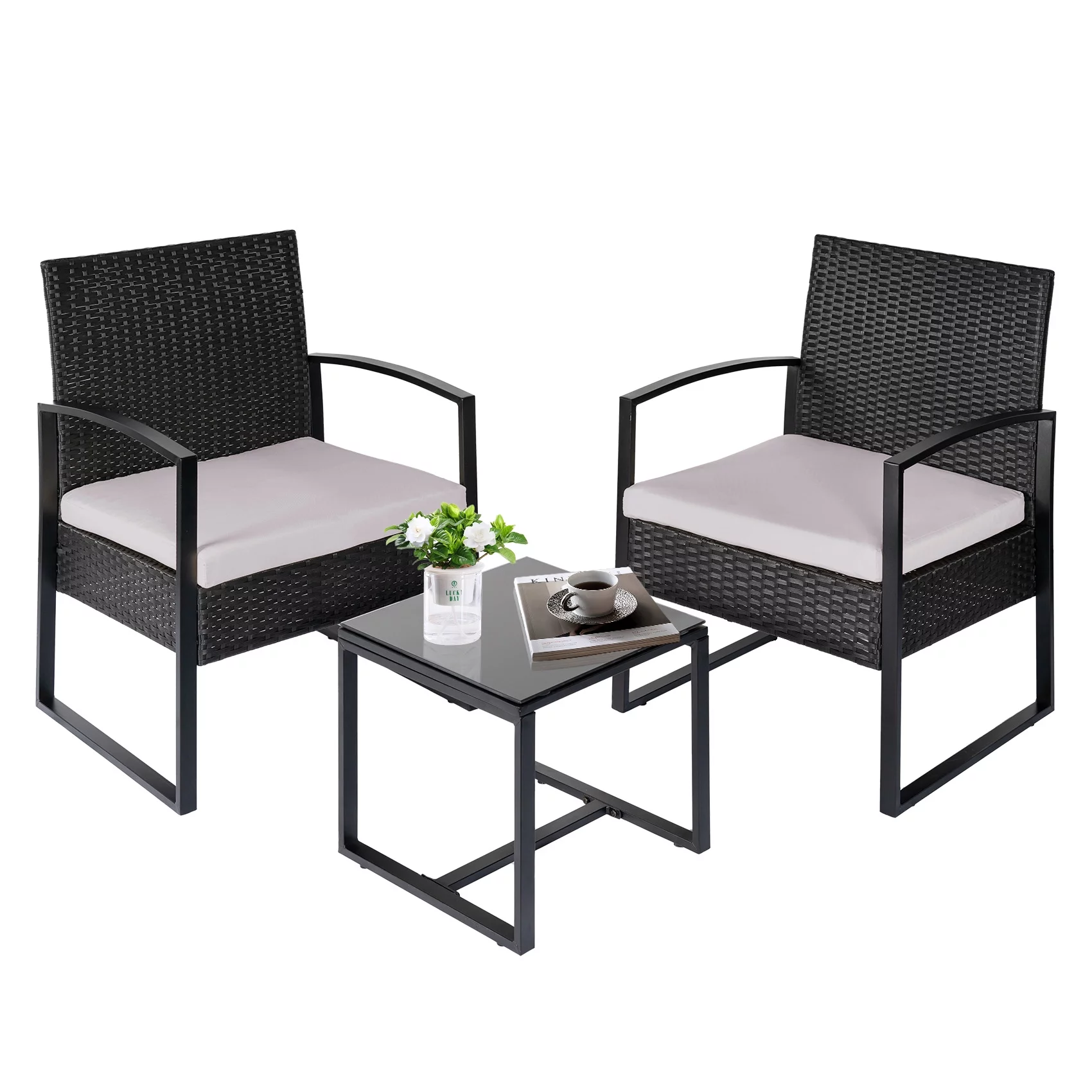 Tappio 3 Piece Patio Set Outdoor Chair Set with Glass Table, Rattan Conversation Sets for Yard and Bistro, Gray - Cheap Fitting