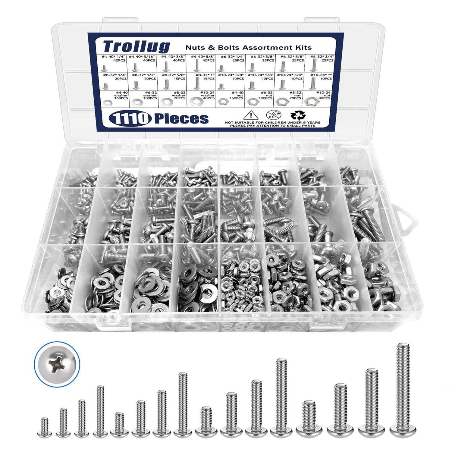 Trollug 1110PCS Nuts and Bolts Assortment Kit, Stainless Steel Hardware Assortment Kit with Assorted Screws, Nuts, Bolts and Washers - Cheap Fitting