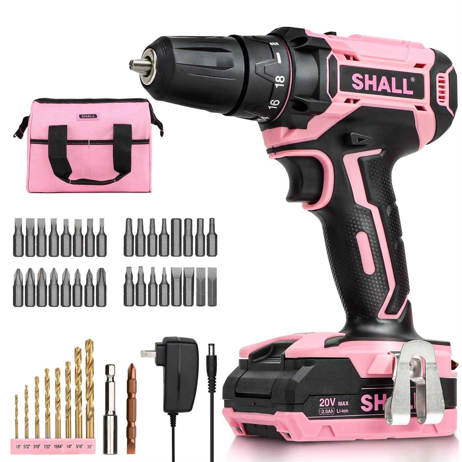 Shall Pink Cordless Drill Driver 20V Electric Power Drill Screwdriver Set with 2.0ah Battery & Fast charger for Women - Cheap Fitting