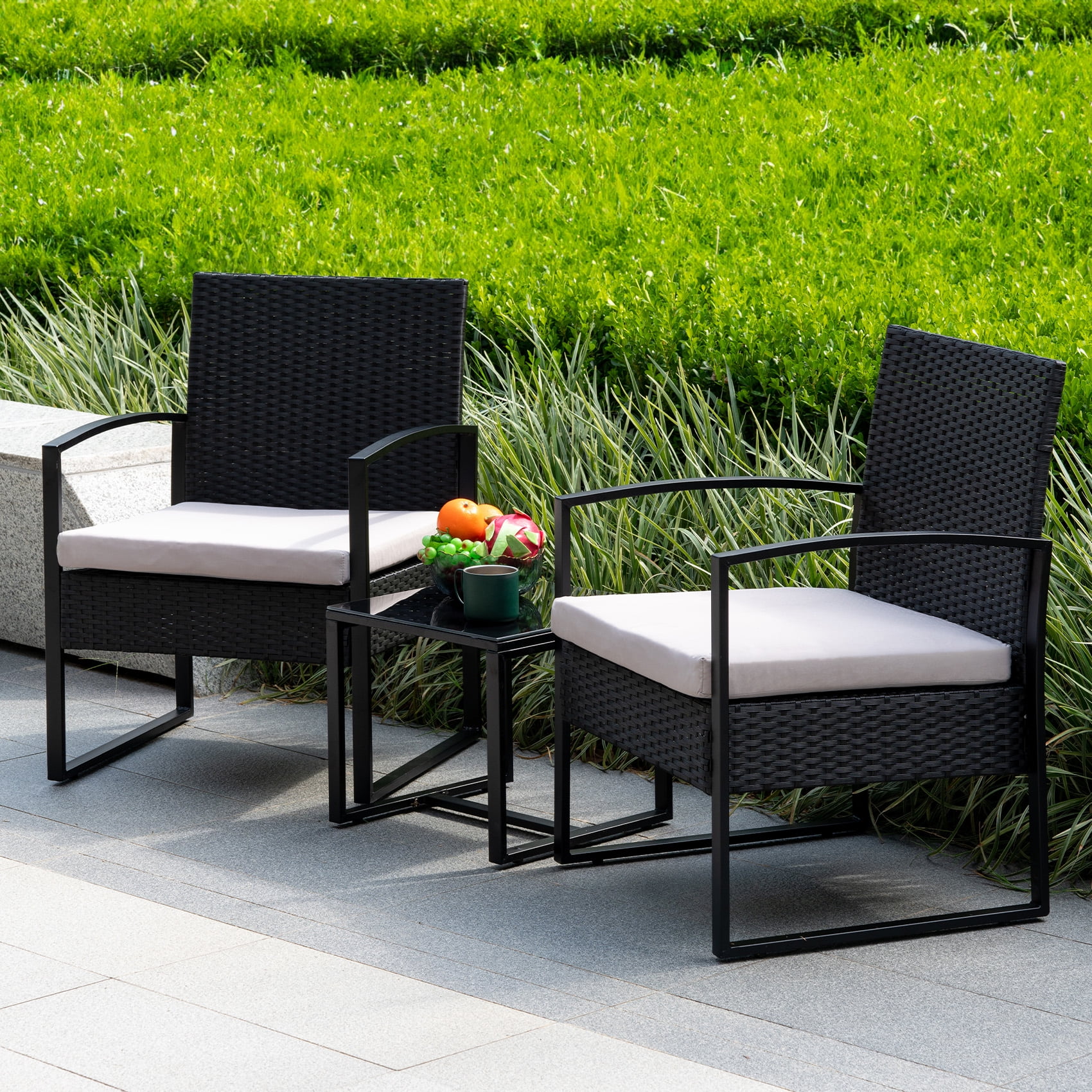 Tappio 3 Piece Patio Set Outdoor Chair Set with Glass Table, Rattan Conversation Sets for Yard and Bistro, Gray - Cheap Fitting