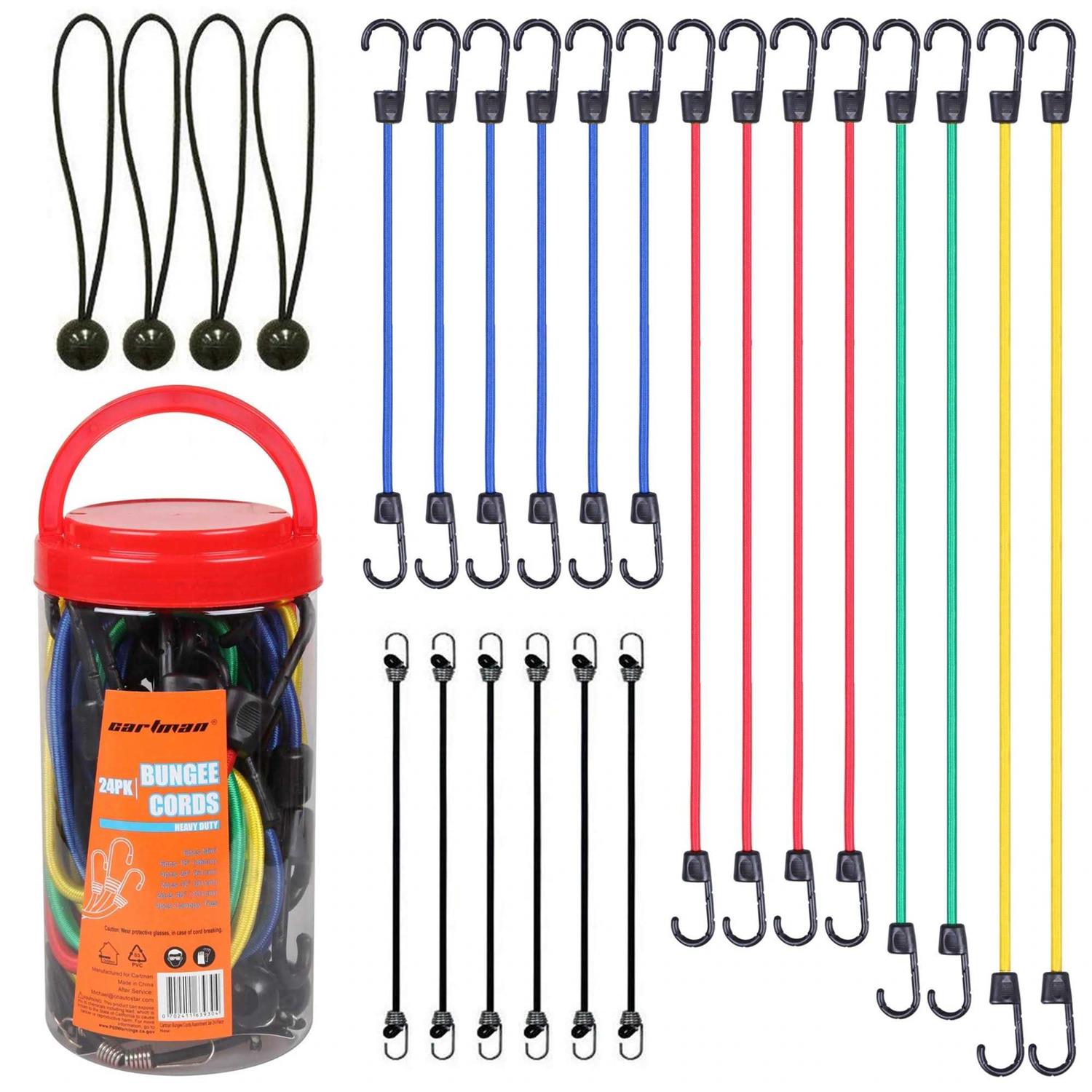 Cartman 32 Piece Bungee Cords Assortment Jar Includes 10 18 24 32 40 Bungee Cord with Hooks, 8 Canopy Tarp Ball Ties and Tarp Clips - Cheap Fitting