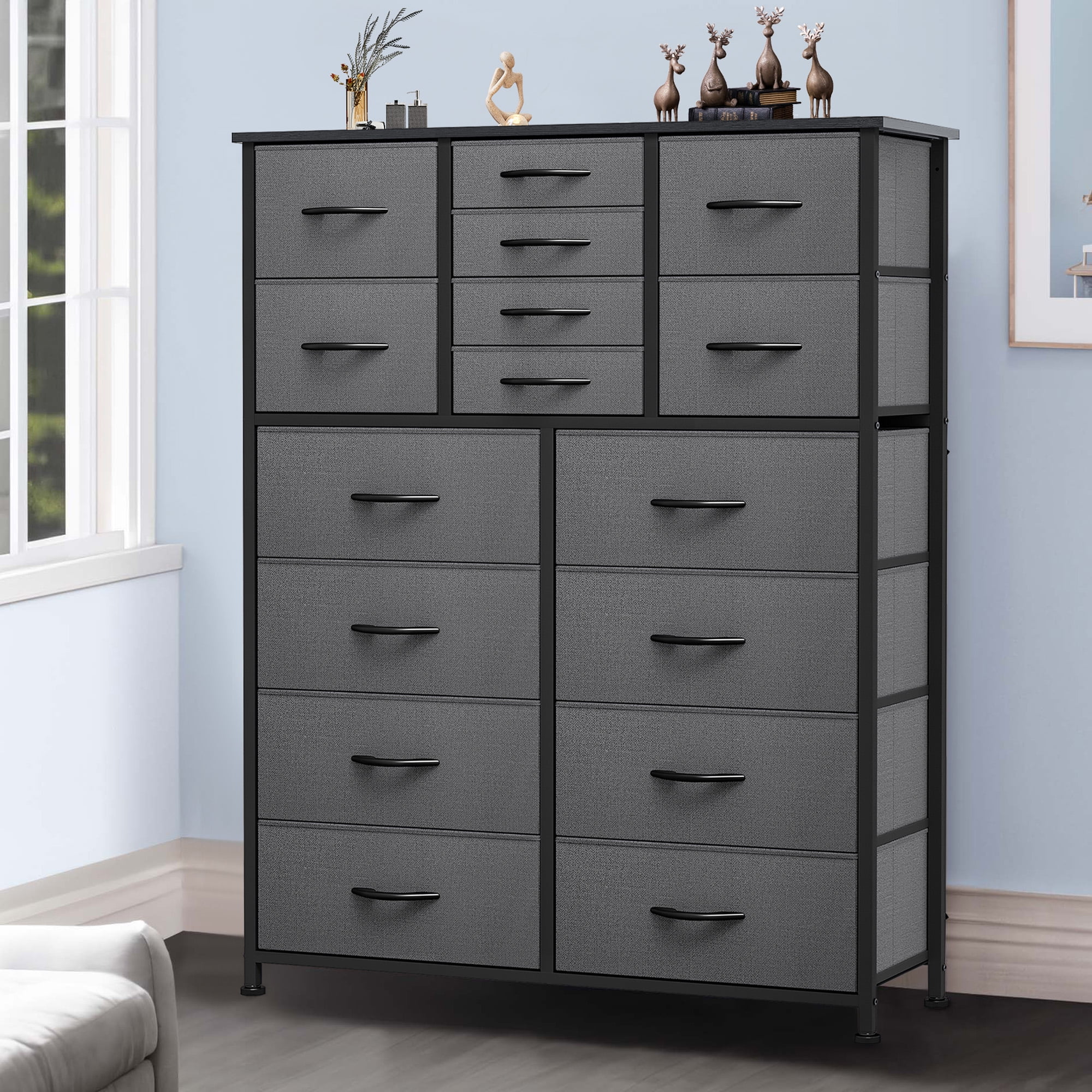 Dextrus 16 Drawer Dresser, Tall Fabric Dresser for Bedroom, Large Chest of Drawers, with Sturdy Metal Frame and Wooden Top - Cheap Fitting