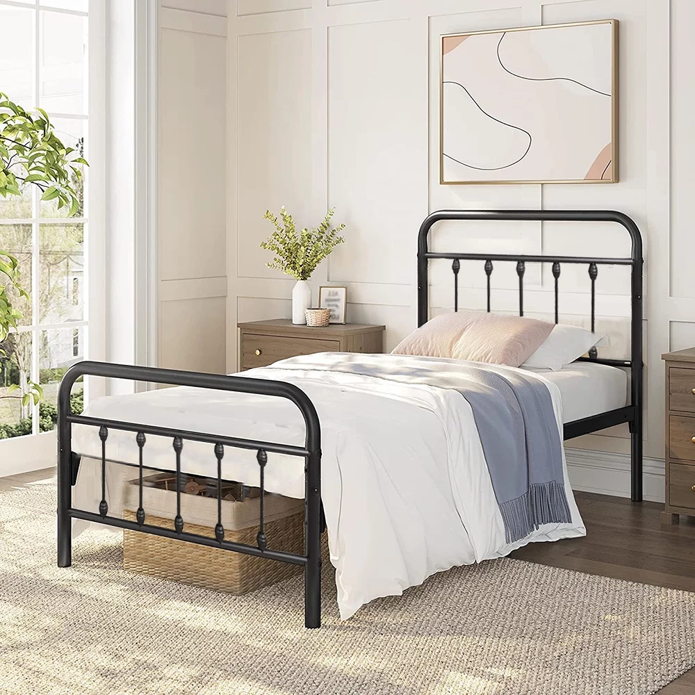 SESSLIFE Twin Size Platform Bed Frame with Headboard, Rustic Country Style, Strong Metal Slats Support, Easy Assembly, Black - Cheap Fitting