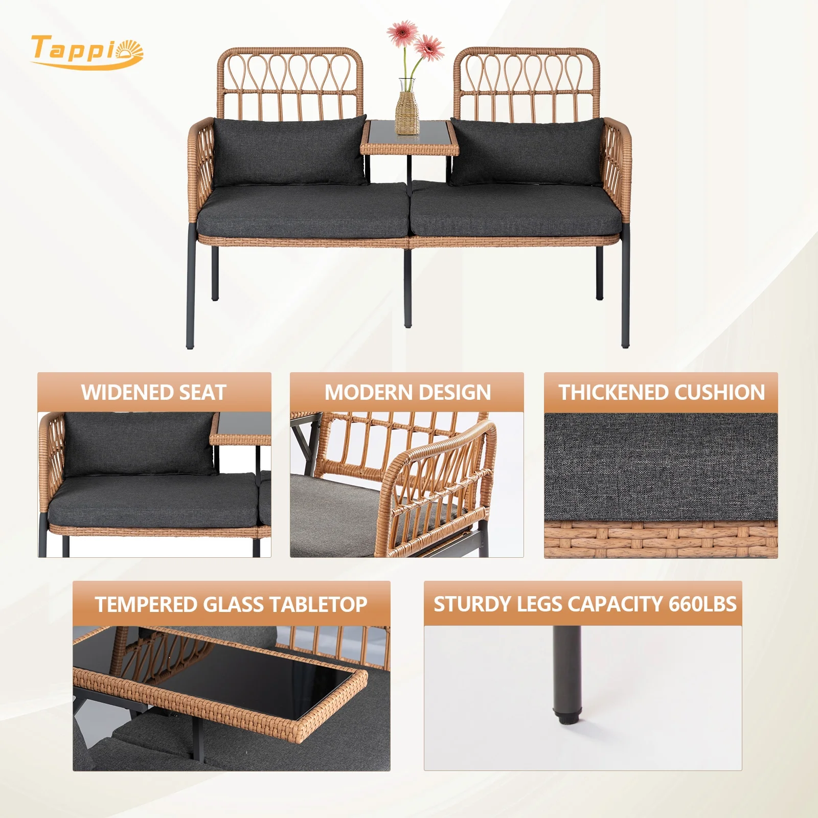 Tappio Outdoor Rattan Loveseat, Patio Rattan Conversation Set Seat Sofa Cushioned Loveseat Table Chairs with Built-in Coffee Table, Gray - Cheap Fitting