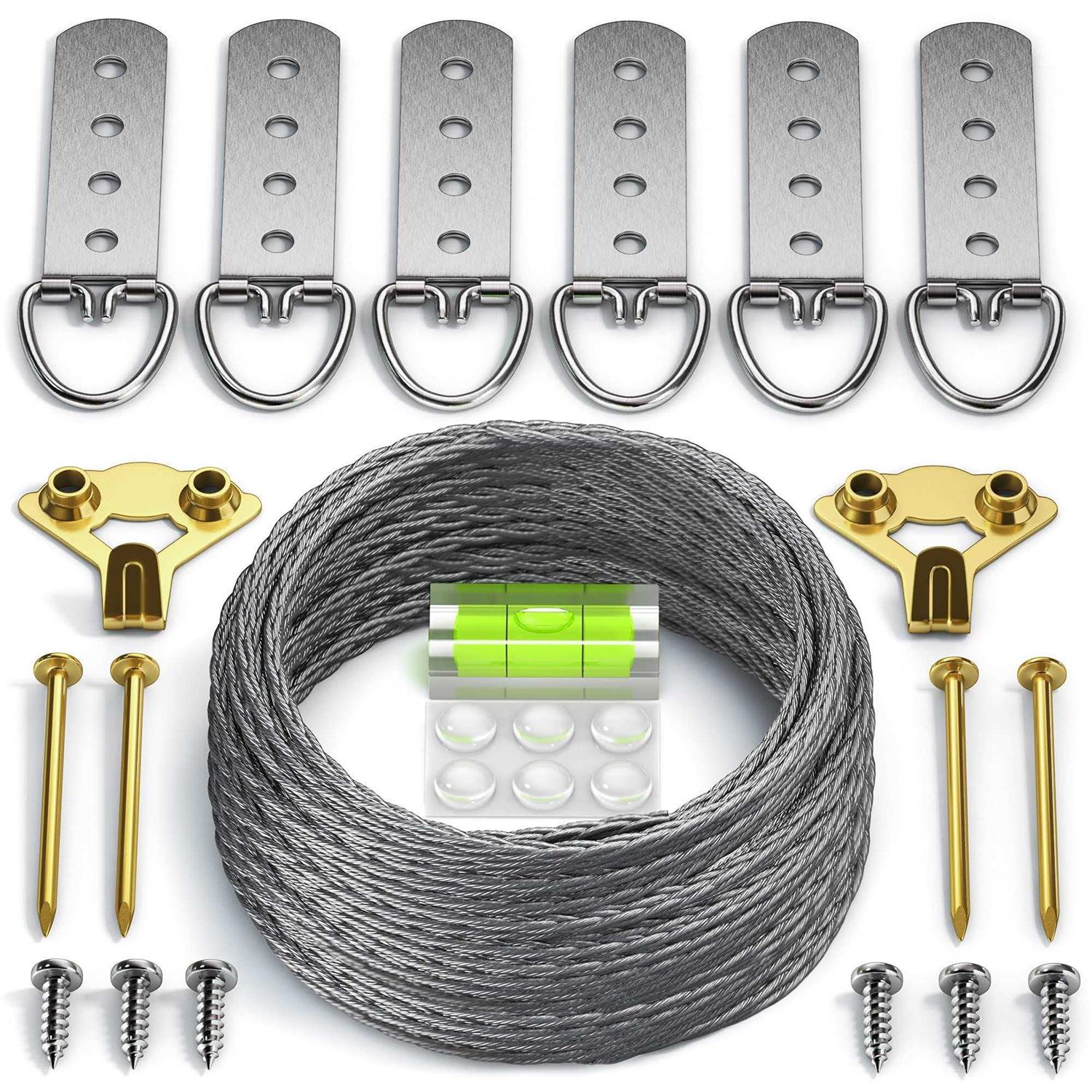 Heavy Duty Picture Wire Hanging Kit D-Ring Screws Hanging Hooks,Level. Supports up to 110 lbs 50+ Feet Stainless Steel Wire Hanger - Cheap Fitting