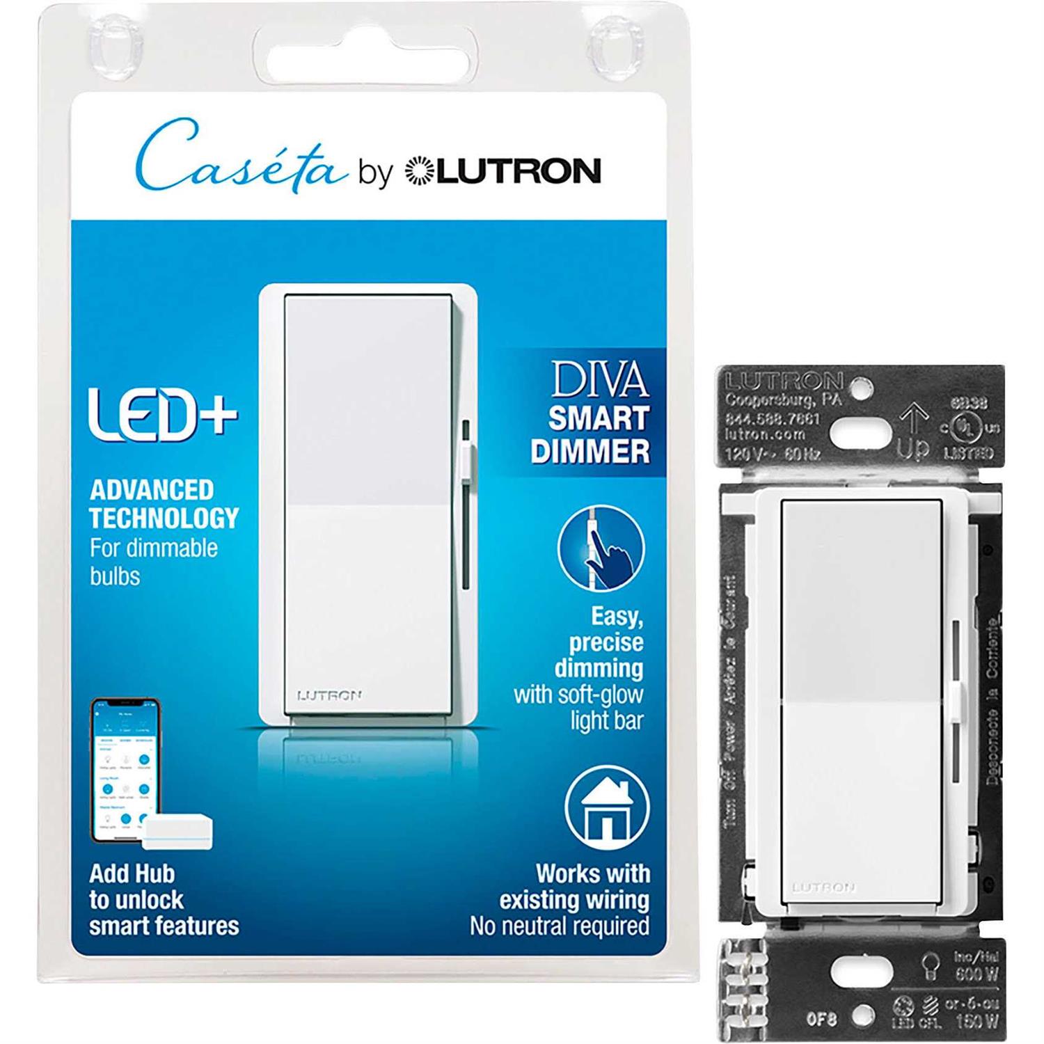 Lutron Caseta Diva LED White Smart Dimmer Switch DVRF-6L-WH-R - Cheap Fitting