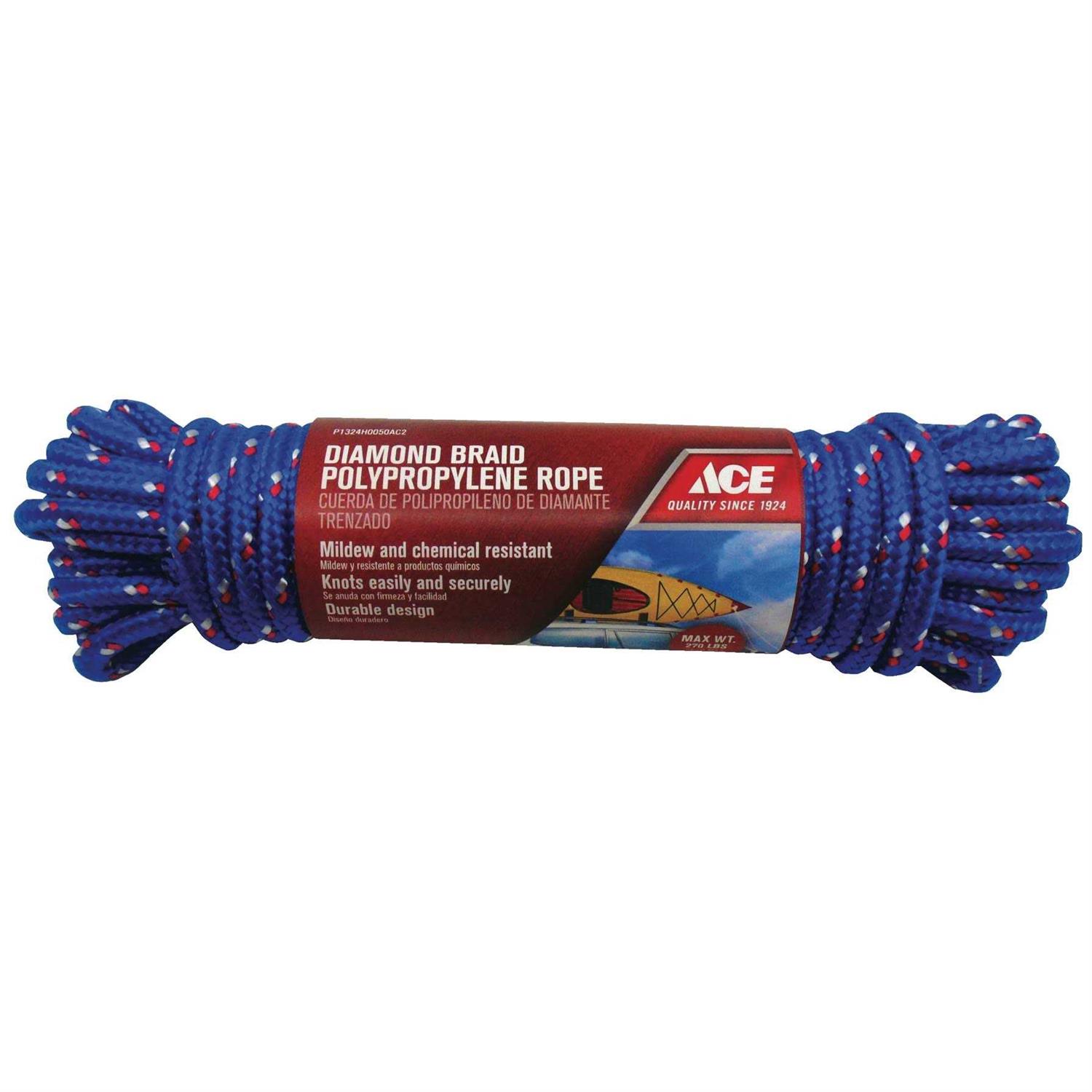 Ace 3/8 in. D x 50 ft. L Assorted Diamond Braided Polypropylene Rope	Ace 3/8 in. D x 50 ft. L Assorted Diamond Braided Polypropylene Rope - Cheap Fitting