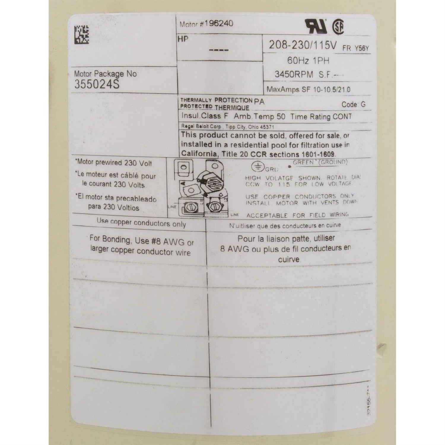 Pentair 1.5 HP Single Speed Motor 355024S - Cheap Fitting