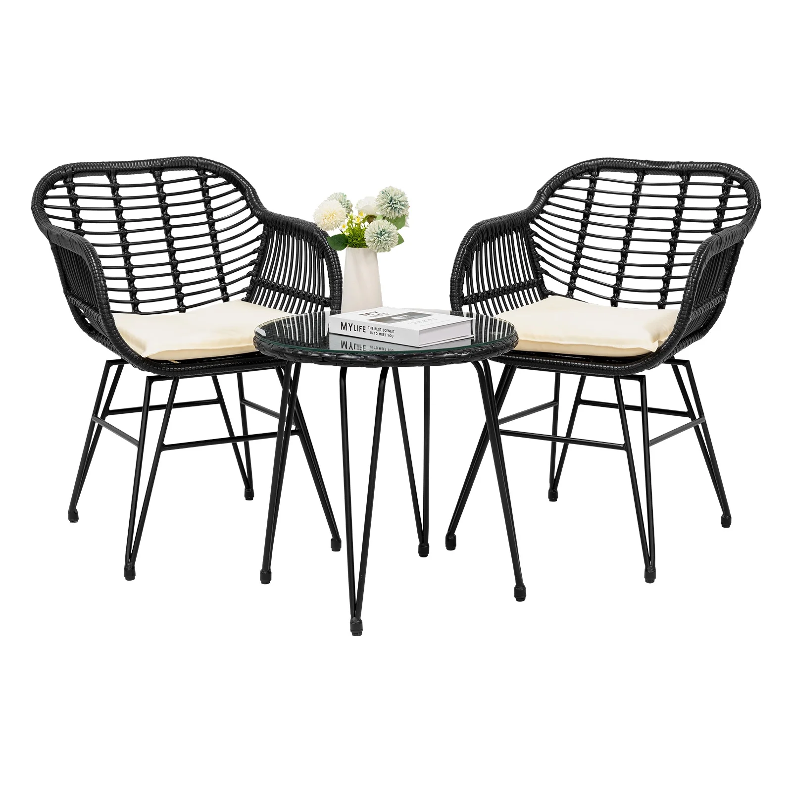 Tappio 3 Piece Outdoor Wicker Furniture Patio Bistro Set, PE Rattan Patio Chairs Set w/Table & Cushions, Modern Outdoor Patio Furniture for Porch Poolside Garden, Black - Cheap Fitting