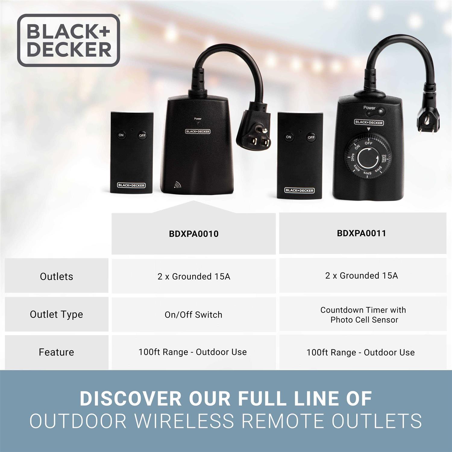 BLACK+DECKER Outdoor Wireless Outlet with Remote 2 Grounded Outlets Remote Light Switches BDXPA0010 - Cheap Fitting