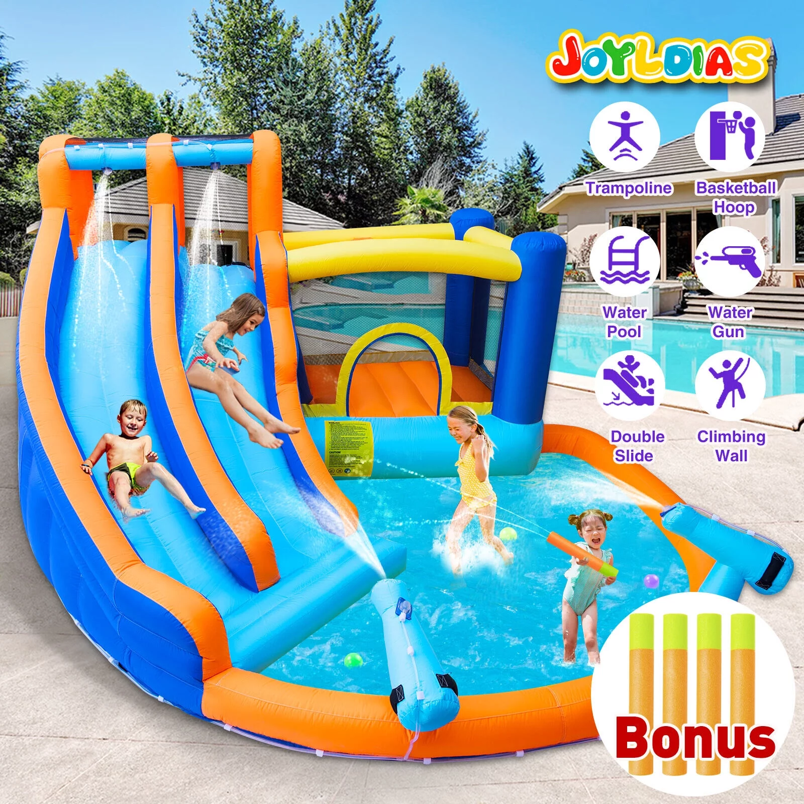 JOYLDIAS Kids Inflatable Water Slide Giant Water Park Double Slide Bouncer Playhouse Castle with 4 Water Guns, Pool, Jump Area, Climbing Wall, Air Blower - Cheap Fitting