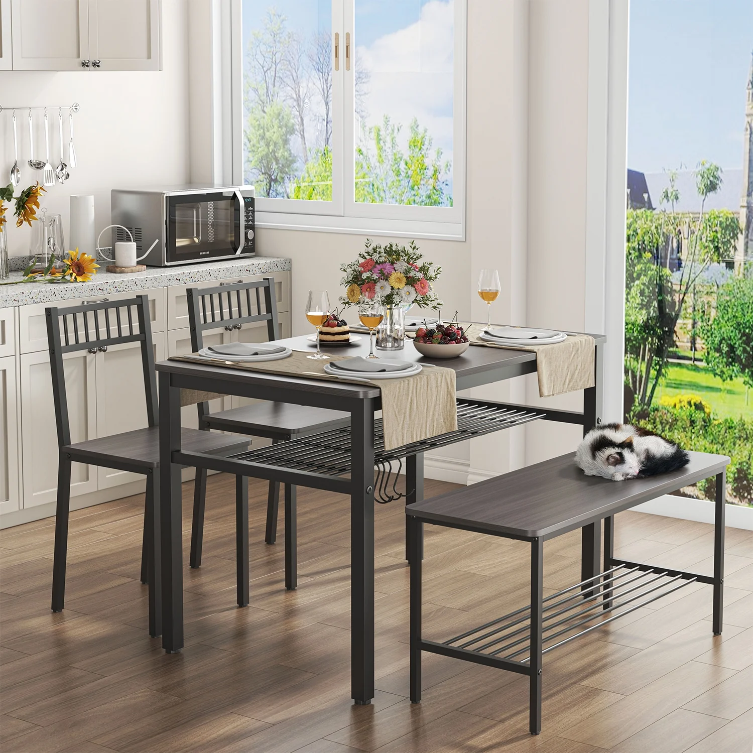 Winkalon Kitchen Table and 2 Chairs for 4 with Bench,Rustic 4 Piece Dining Table Set for Small Space,Apartment,Brown - Cheap Fitting