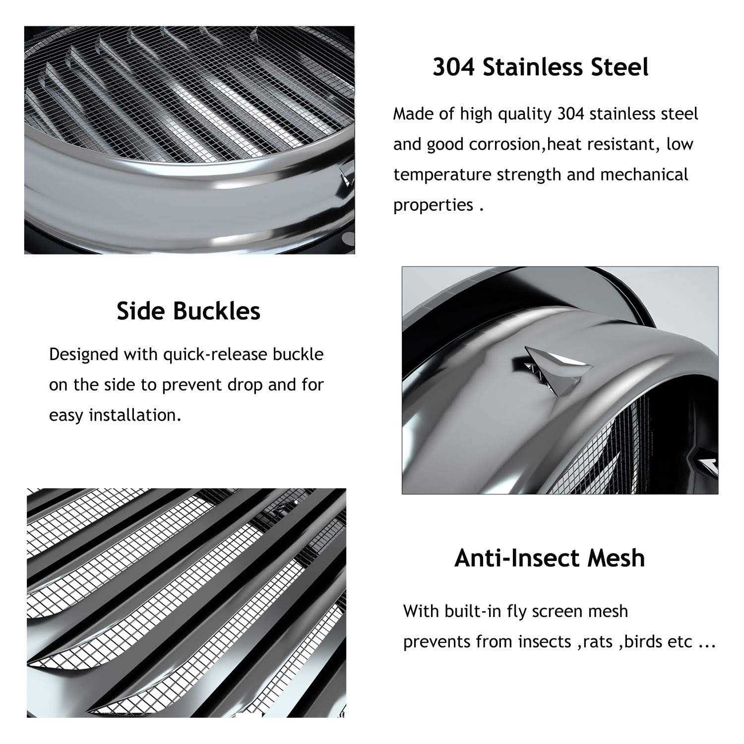 FGBB Stainless Steel Air Vents Louvered Grille Cover Vent Hood Flat Ducting Ventilation Air Vent Wall Air Outlet with Fly Screen Mesh for House - Cheap Fitting